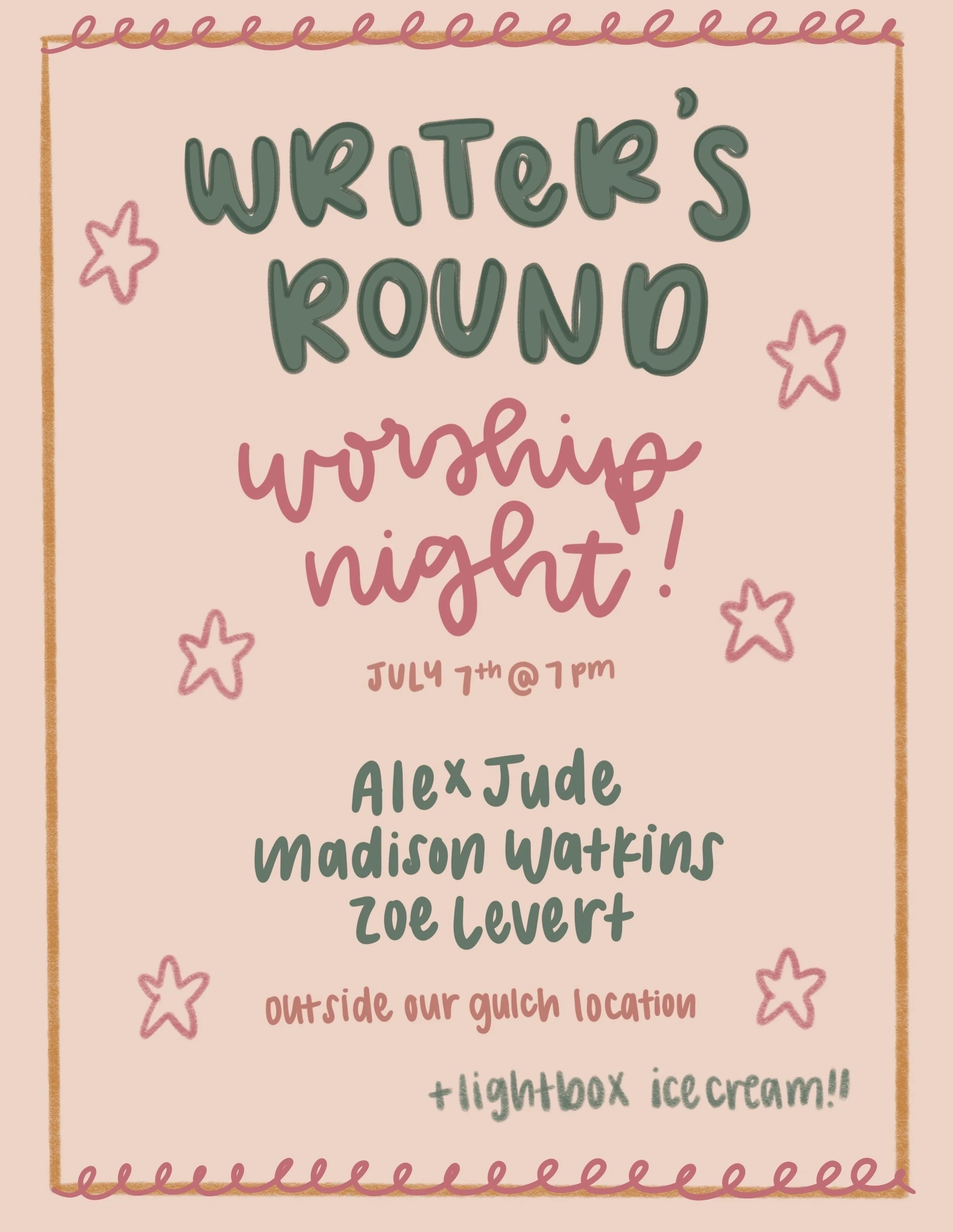 a night songwriter originals, songs you know &amp; love, all with a side of ice cream! 🍦

join us for this special night, NEXT TUESDAY (7/7), featuring @madison_watkins @itsalexjude &amp; @zoeelevert ✨