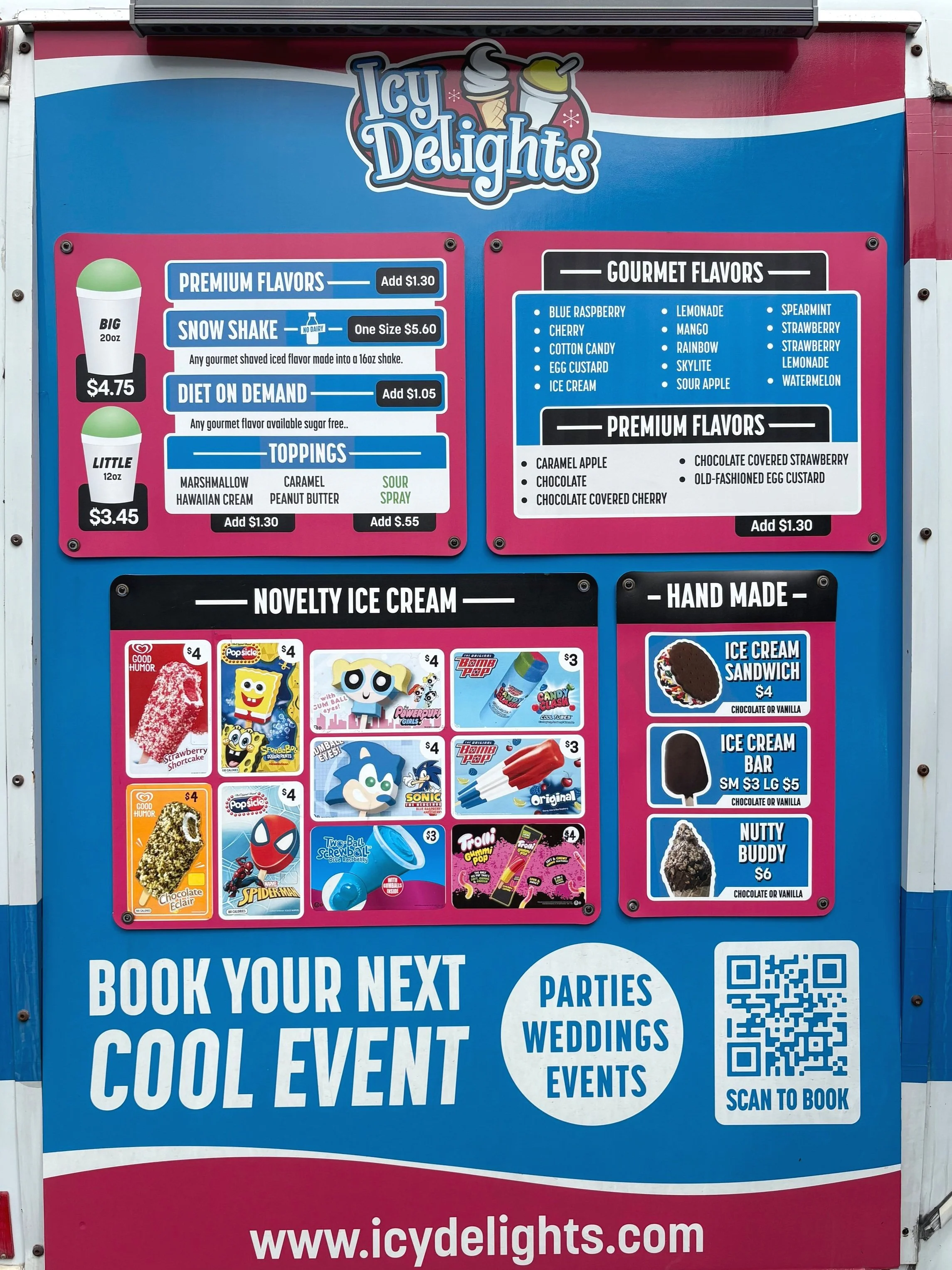 Colorful menu board for Icy Delights ice cream truck, listing flavors and toppings, with prices, including novelty ice creams, handmade options, and event booking information.