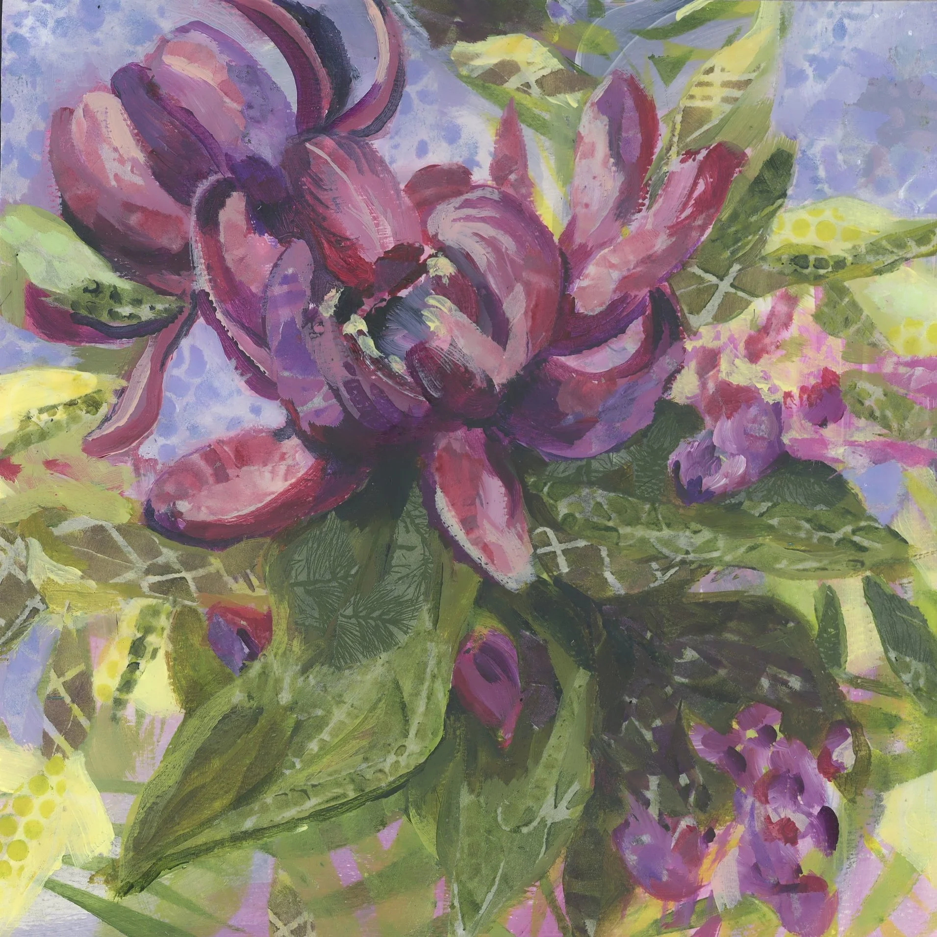 Abstract painting of flowers with pink and purple petals, surrounded by green leaves on a textured background.