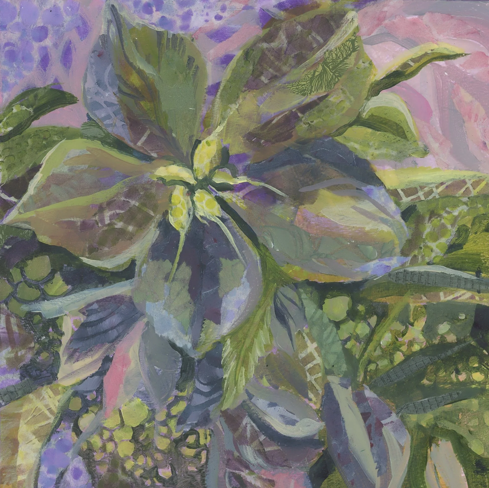 Abstract painting of green leaves with purple and pink background
