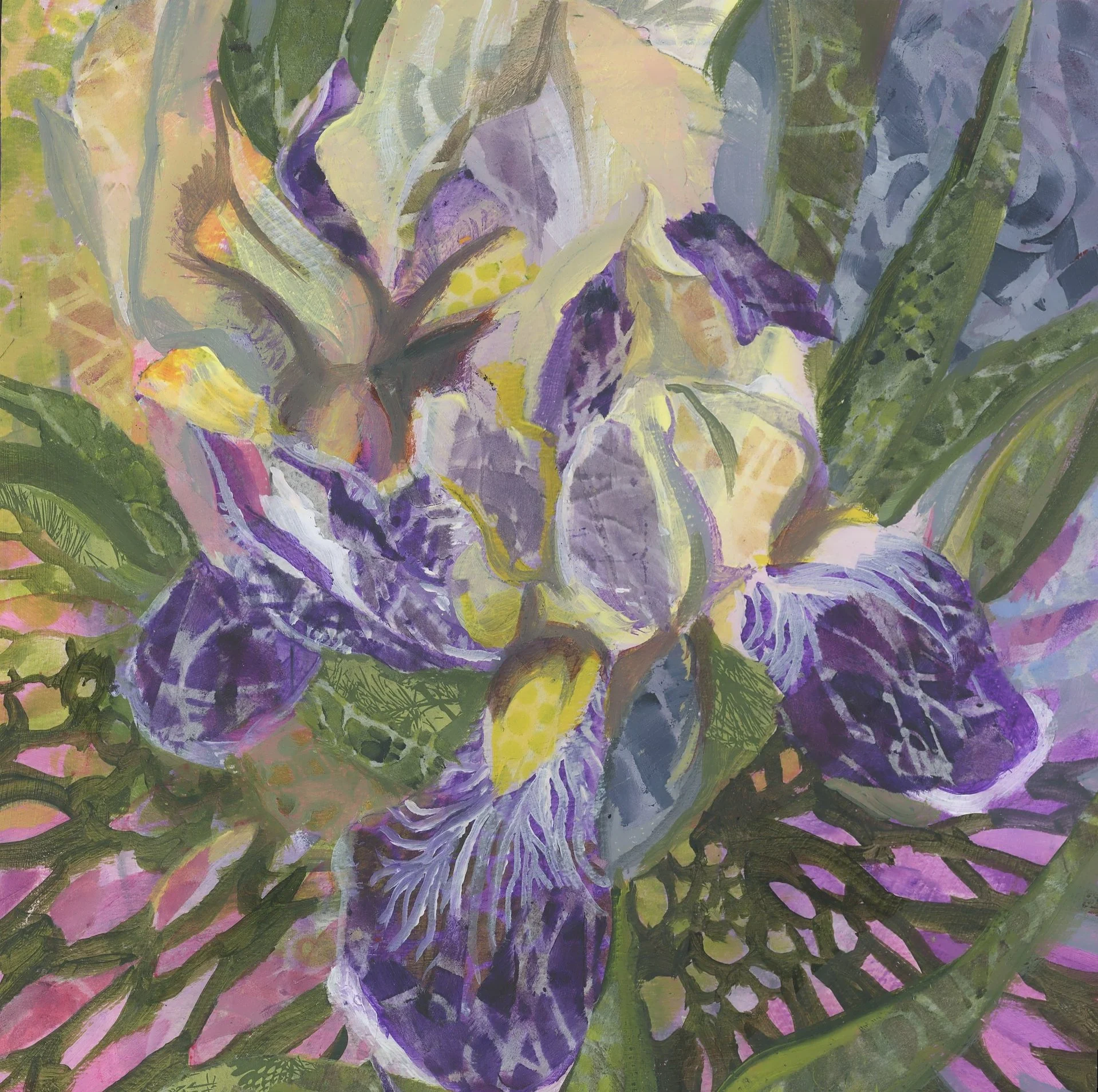 Abstract painting of purple and yellow flowers with green leaves.