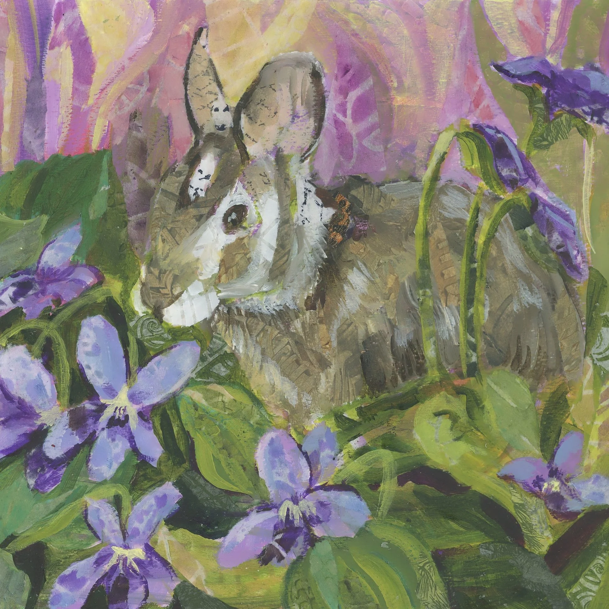 Illustration of a rabbit among purple flowers and green leaves with a colorful, abstract background.