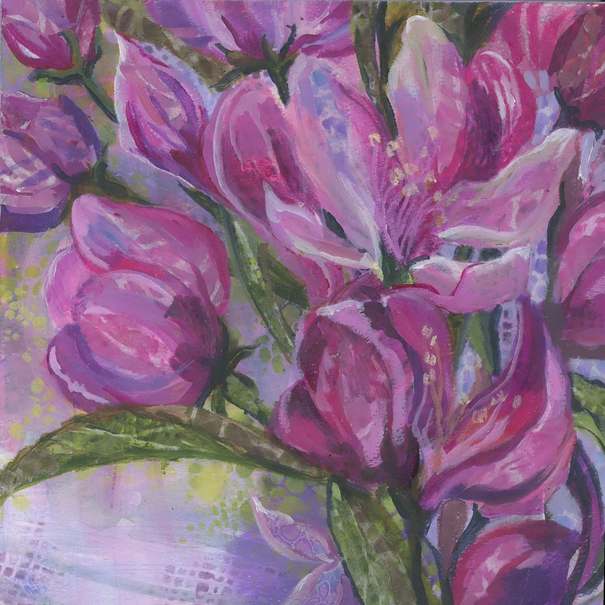 Abstract painting of pink and purple flowers with green leaves on a textured background.