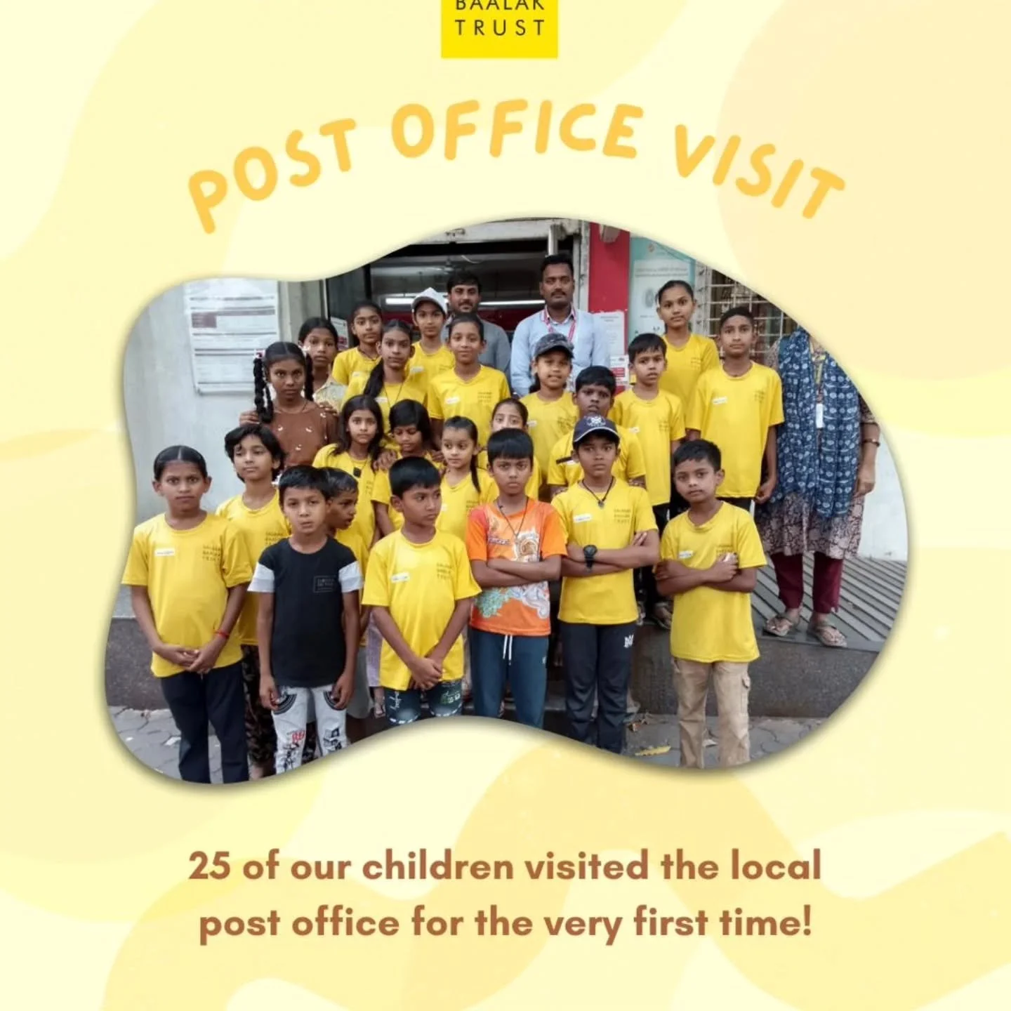 Regular excursions for our children, to real world places builds an enriching experience.
#salaambaalaktrust #streetchildren
#Offthestreet #OnTheirFeet #smilingfaces

When was the last time You visited a Post Office ? 😊