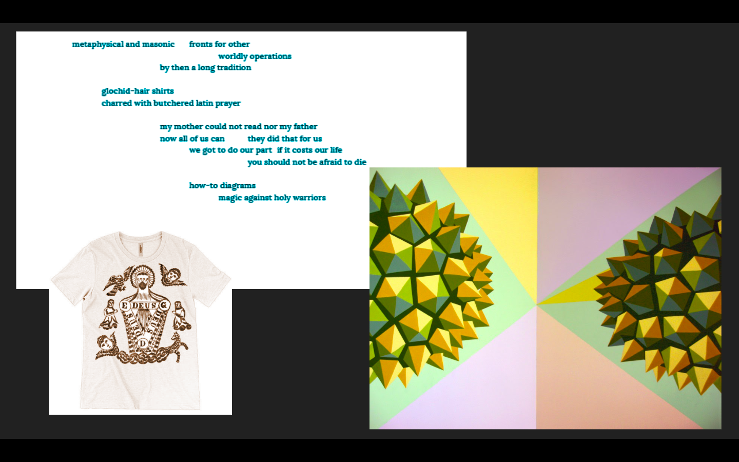  SOURCES:  http://wofflehouse.com/portfolio/doubledurian/ ; https://www.etsy.com/listing/757930450/anting-anting-t-shirt-infinito-dios 