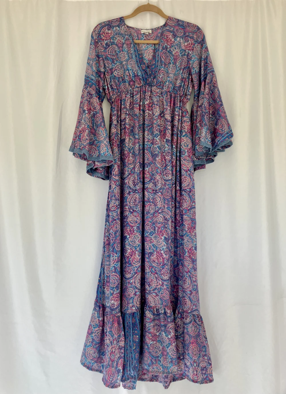 Blue/Mauve Empire Waist Flare Sleeve Dress Gorgeous GoddessWear Blue/Mauve Empire Waist Flare Sleeve Dress Gorgeous GoddessWear