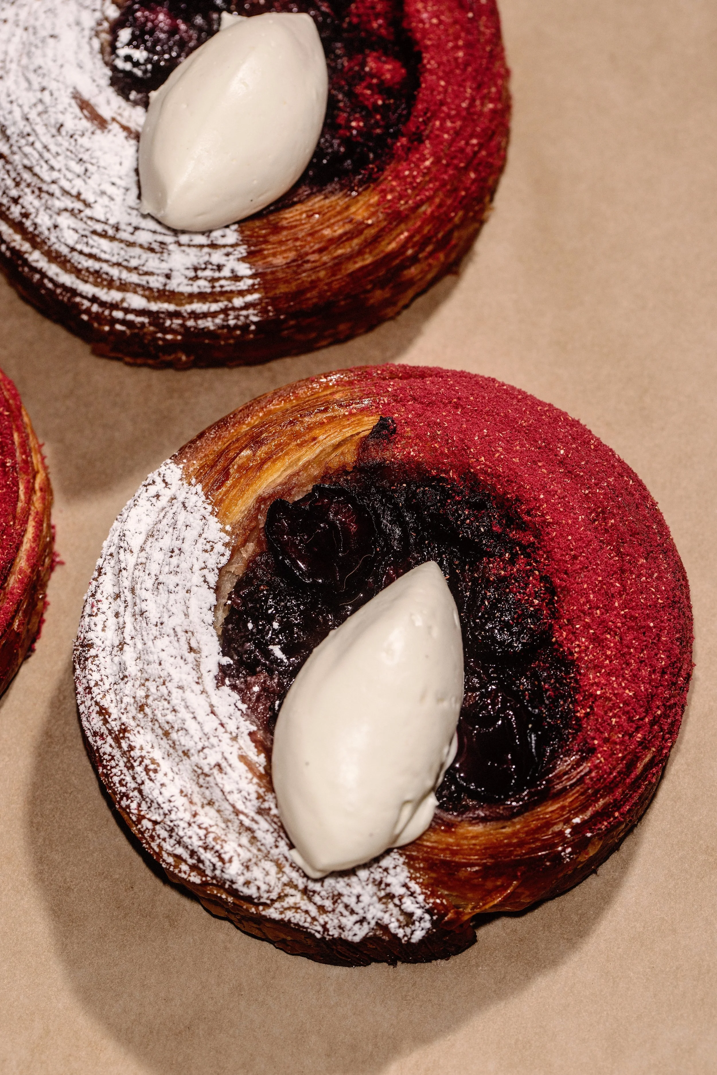 Cherry Bakewell Danish. 100% Irish Butter Croissant with Almond, Cherry and Whipped Cream