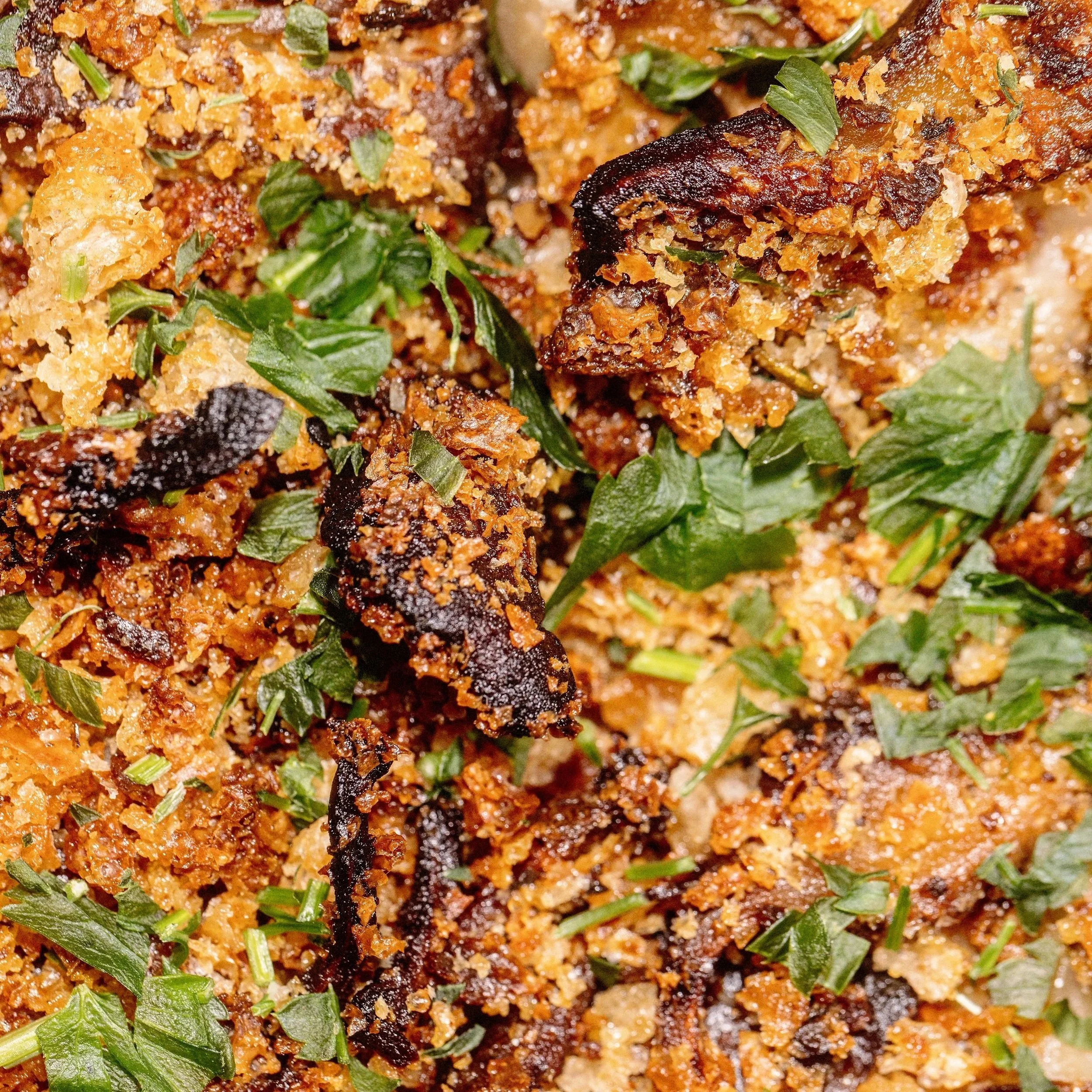Irish Rye and Wildfarmed Flour Sourdough Focaccia with The Mushroom Butcher Shitakes, Garlic Butter and Breadcrumbs (EVERYDAY).
