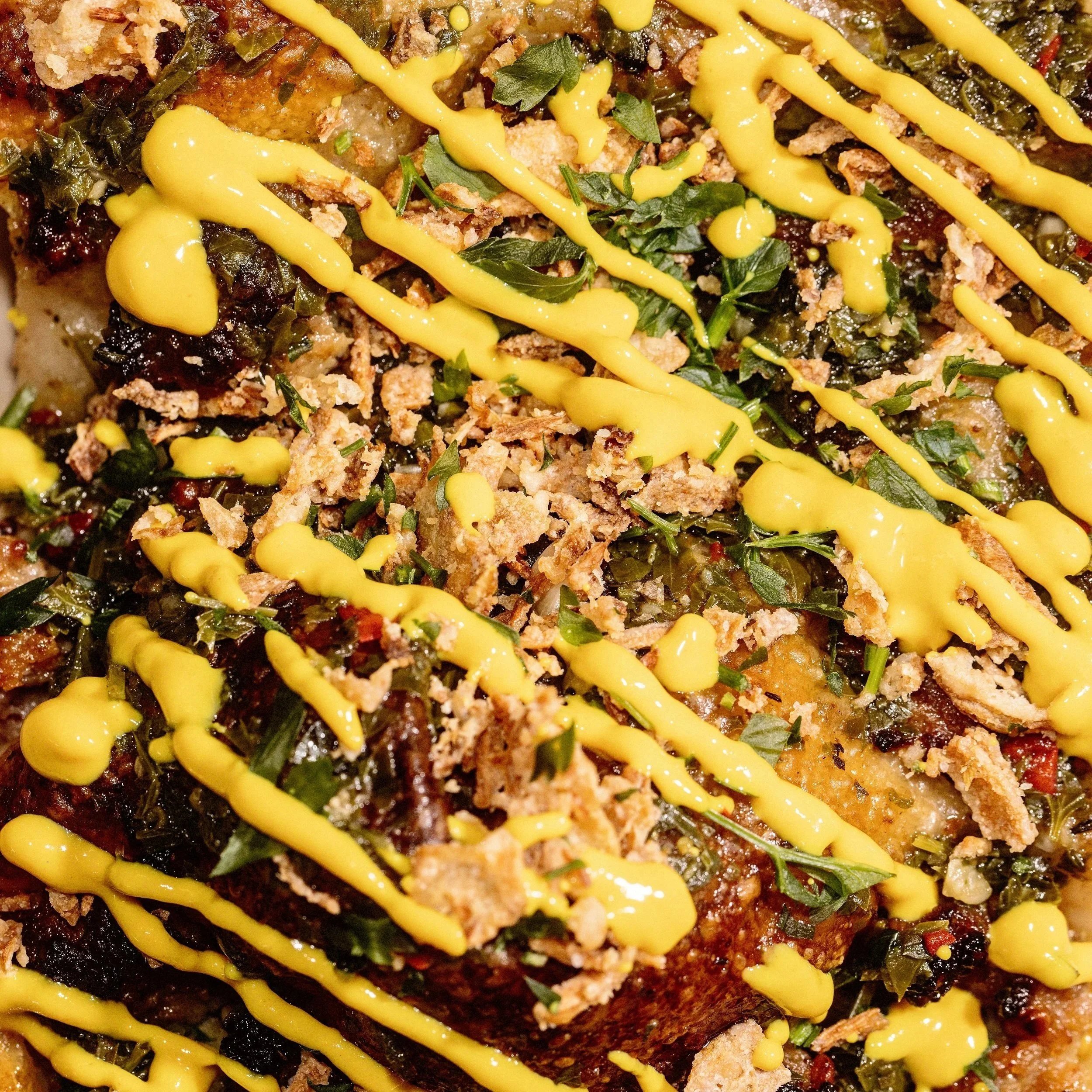 Irish Rye and Wildfarmed Flour Sourdough Focaccia with Free Range Irish sausage meat, honey mustard and homemade chimichurri (EVERYDAY).
