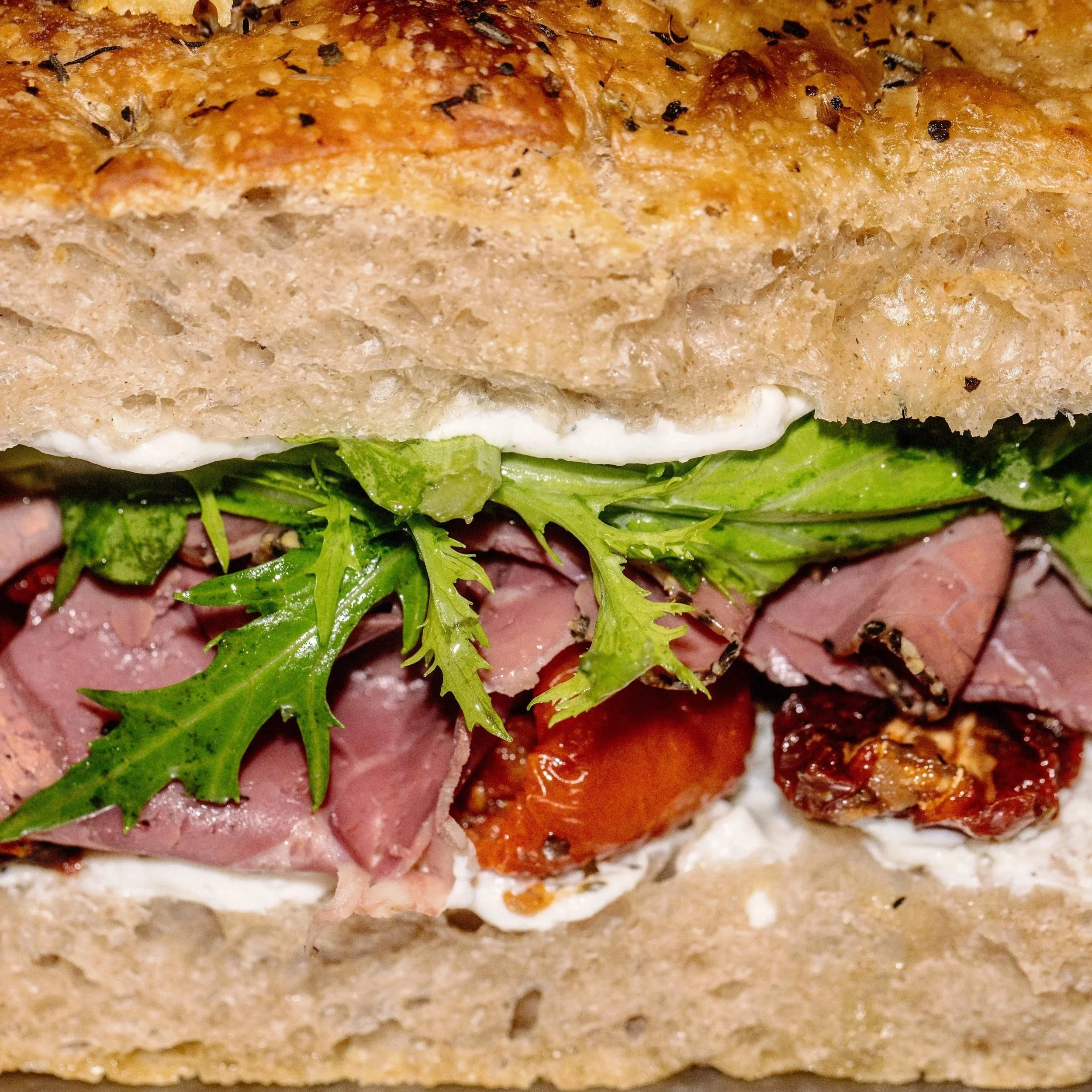 Sourdough focaccia with Irish pastrami, Mcnallys Leavesn Sundried tomatoes, preserved lemons and ricotta (MON-THURS).
