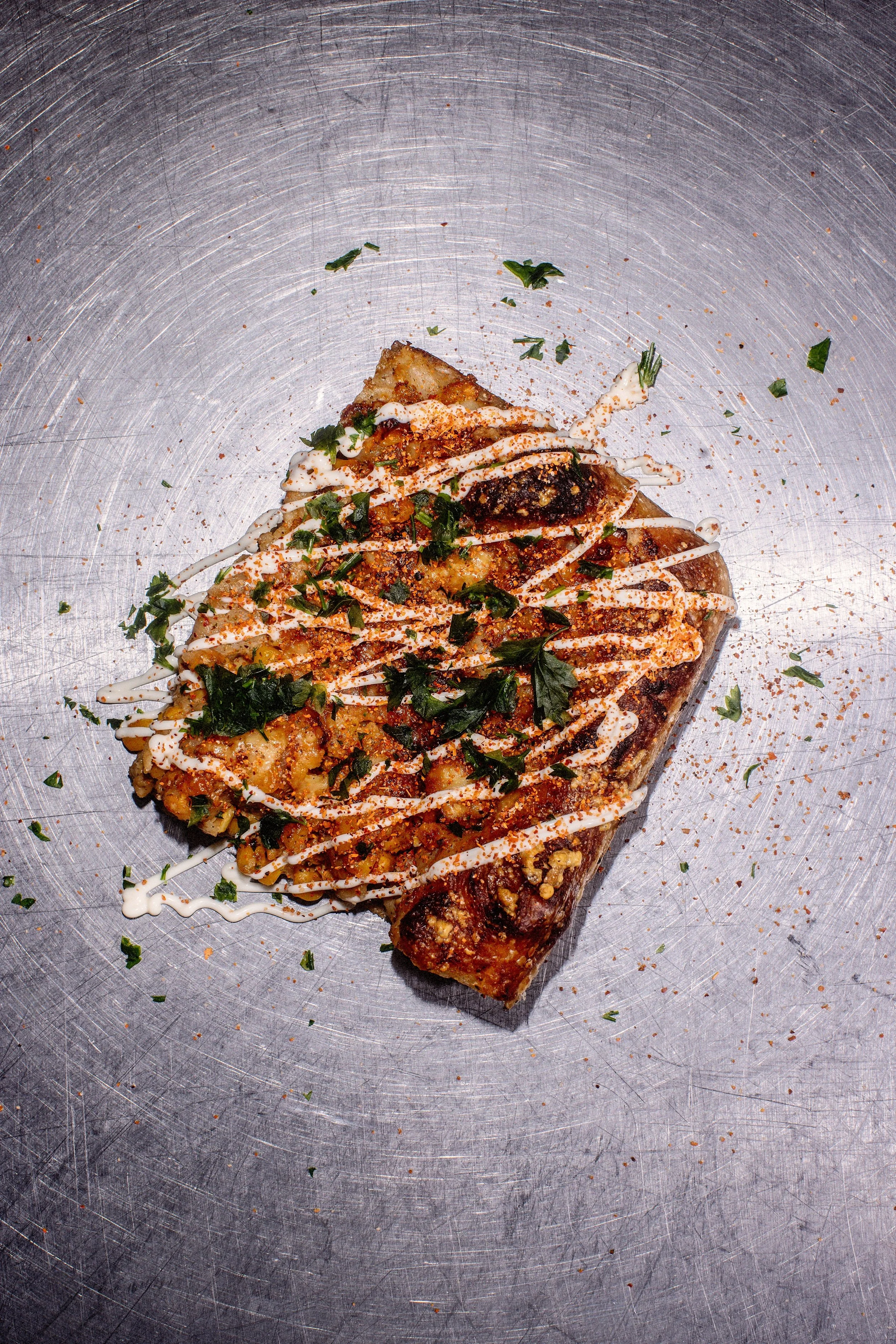 Sourdough Focaccia topped with Charred Corn, Boyne Valley Ban and tajin.