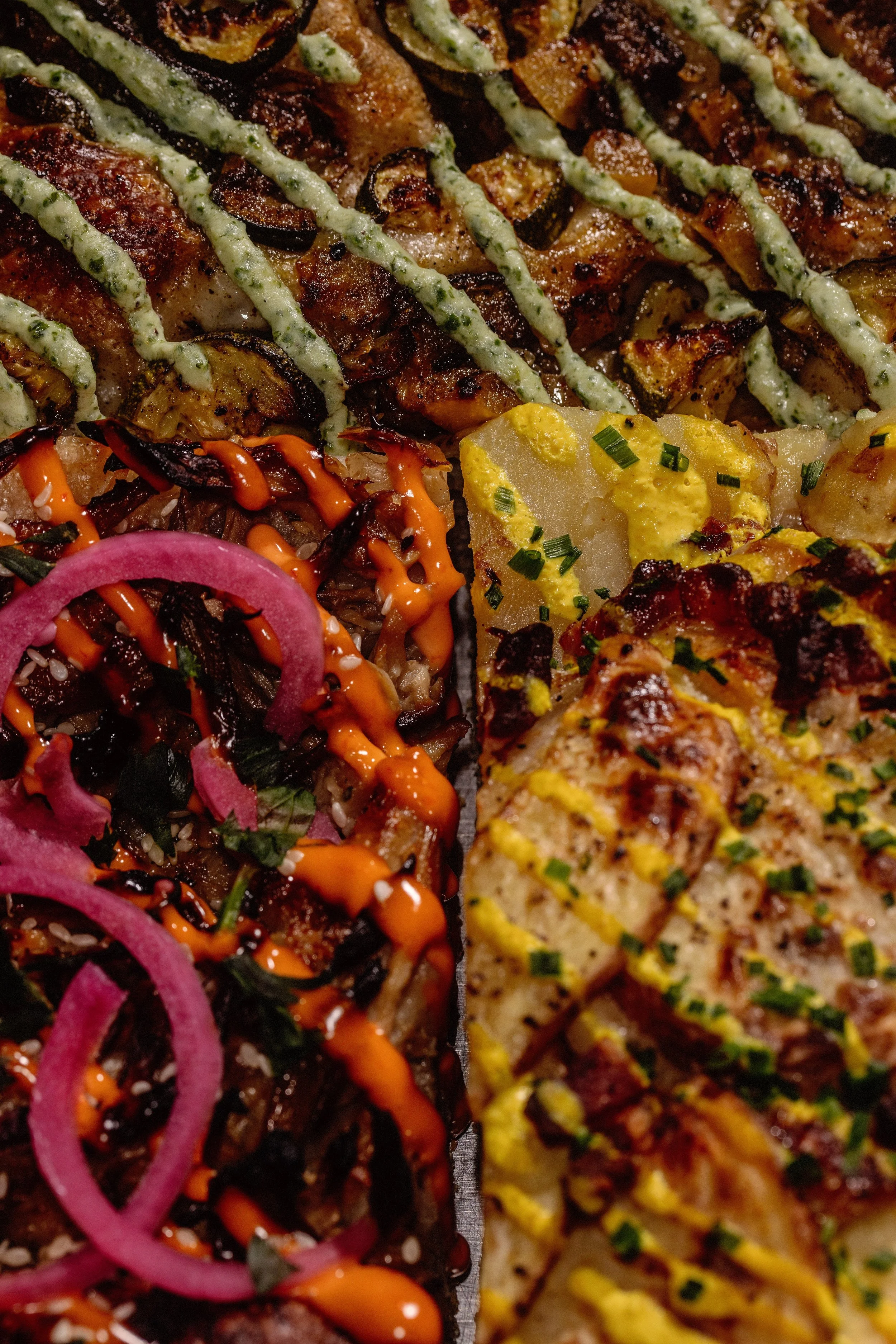 Sourdough Focaccia Slabs made using Wildfarmed regen flour.  Chimac inspired Mushrooms, German Spud Salad, Courgette & Ricotta pesto. Made with McNally Family Farm veggies and Mushrooms from the mushroom butcher.