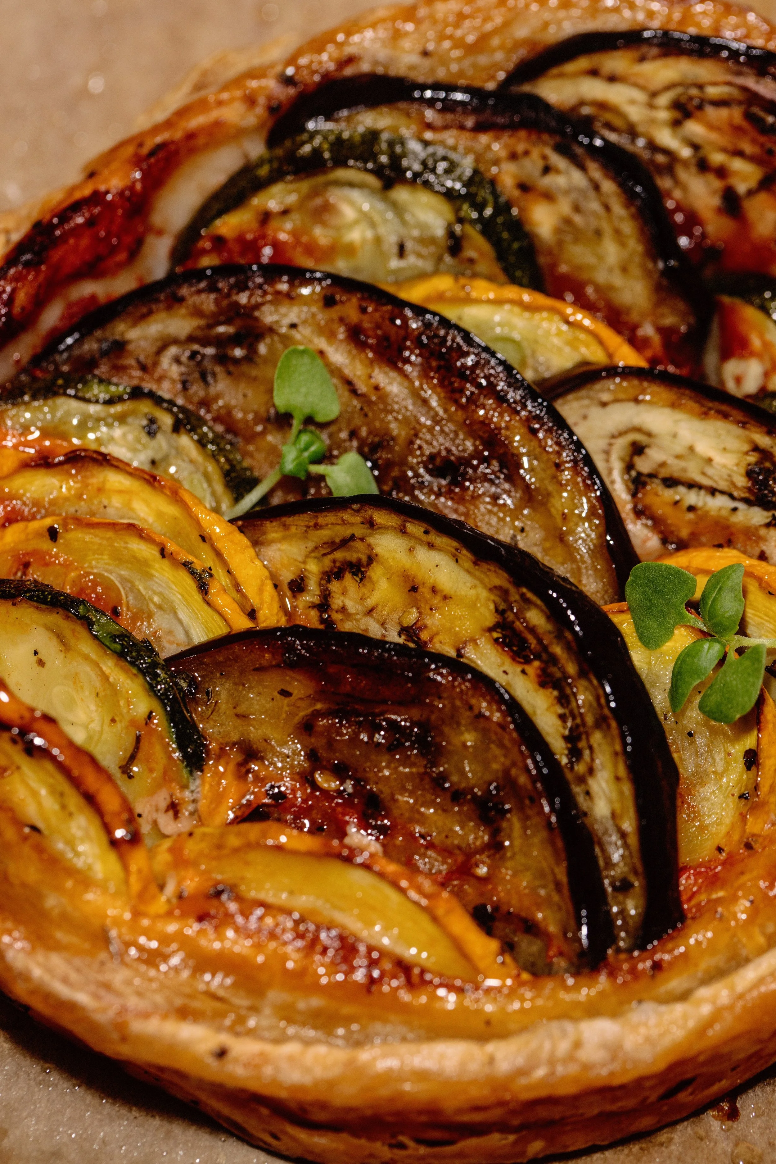 Ratatouille Galette. 100% Irish Butter Puff pastry topped with Homemade tomato sauce, auberginie and McNally Family Farm Courgettes