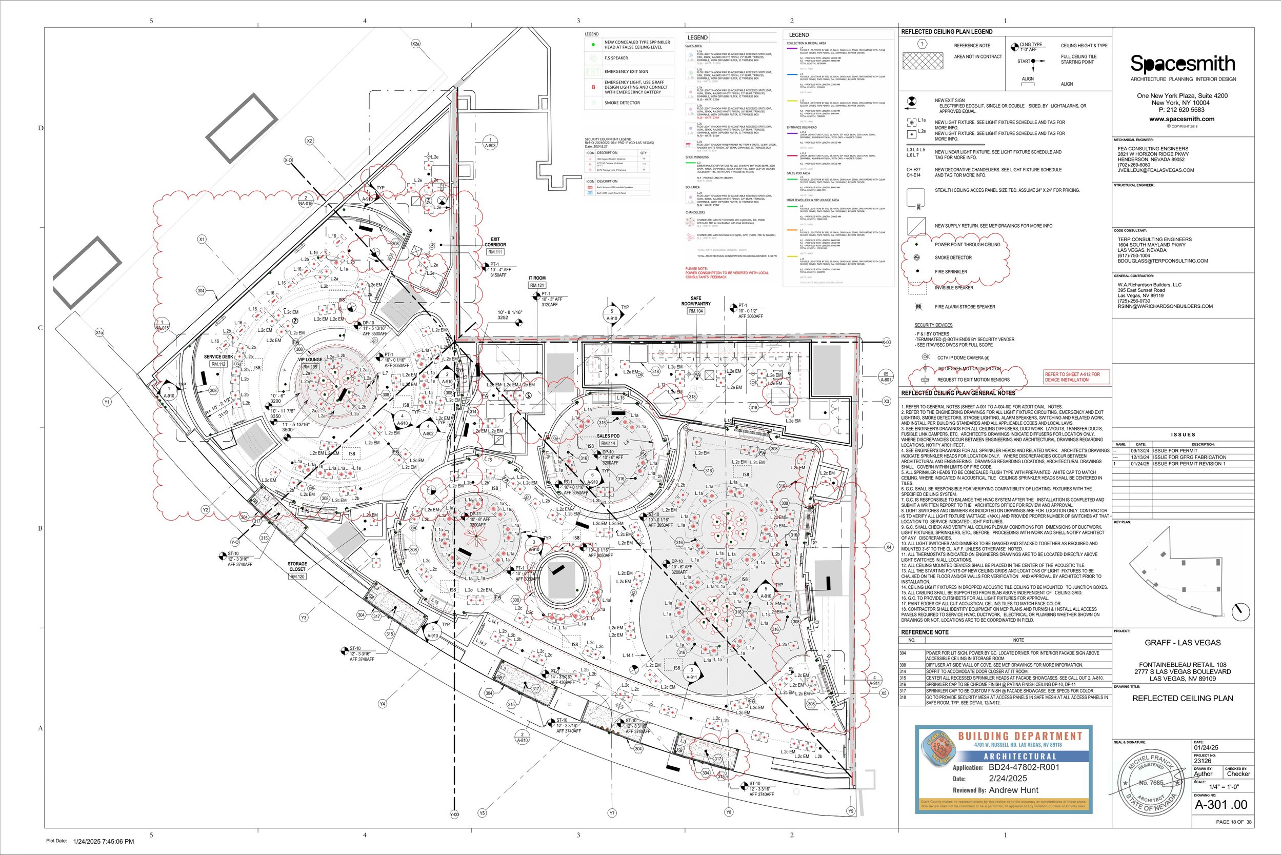 My contributions to the construction documentation included developing the door schedule, hardware specifications and purchasing, construction plans, reflected ceiling plans, power and data plans, façade details, and enlarged plans and elevations.