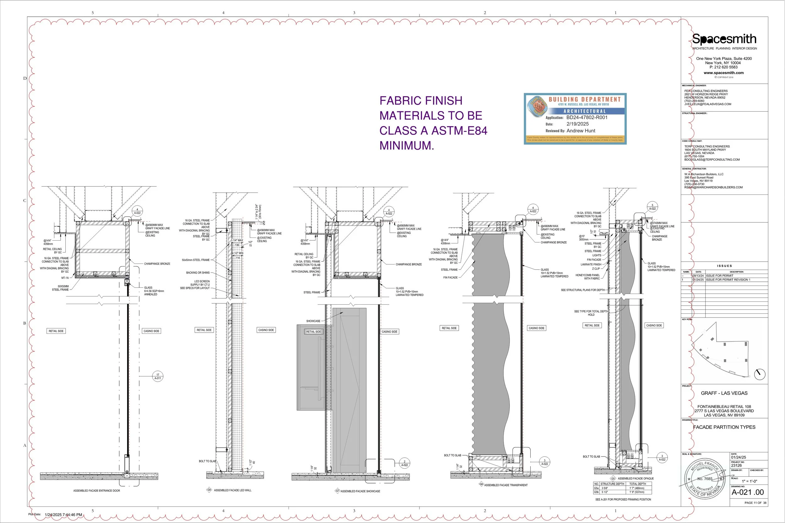 My contributions to the construction documentation included developing the door schedule, hardware specifications and purchasing, construction plans, reflected ceiling plans, power and data plans, façade details, and enlarged plans and elevations.