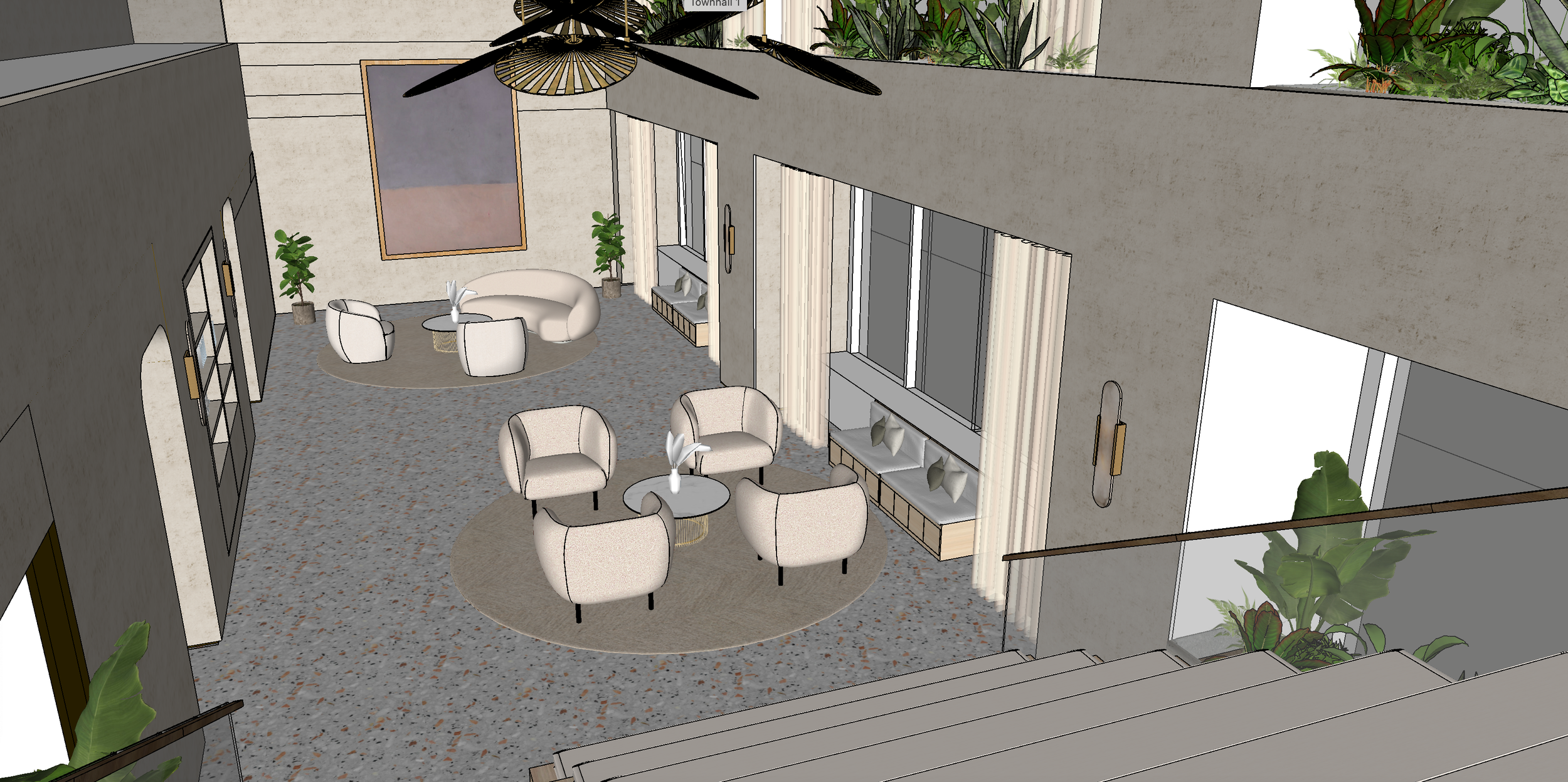 I worked with our VP head of furniture to choose placeholder furniture pieces that work with the theme of the design. 