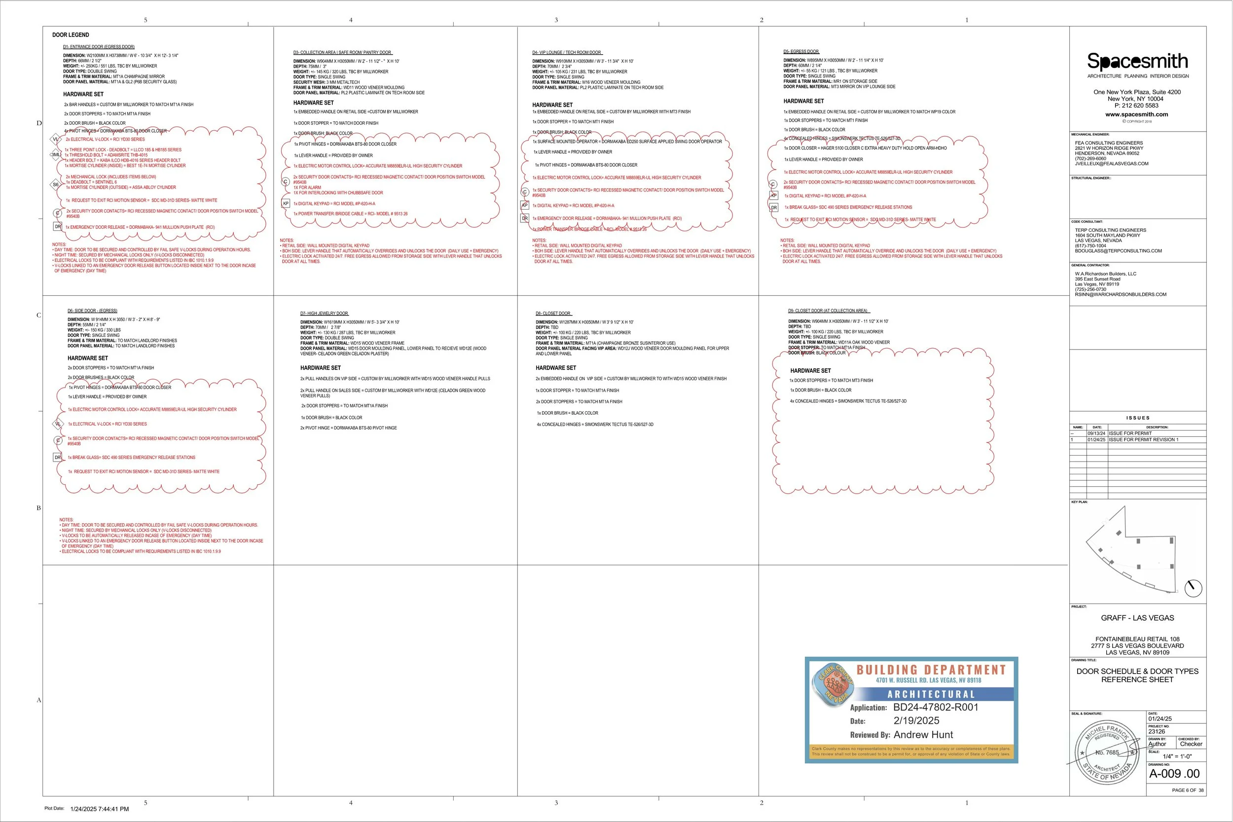 My contributions to the construction documentation included developing the door schedule, hardware specifications and purchasing, construction plans, reflected ceiling plans, power and data plans, façade details, and enlarged plans and elevations.