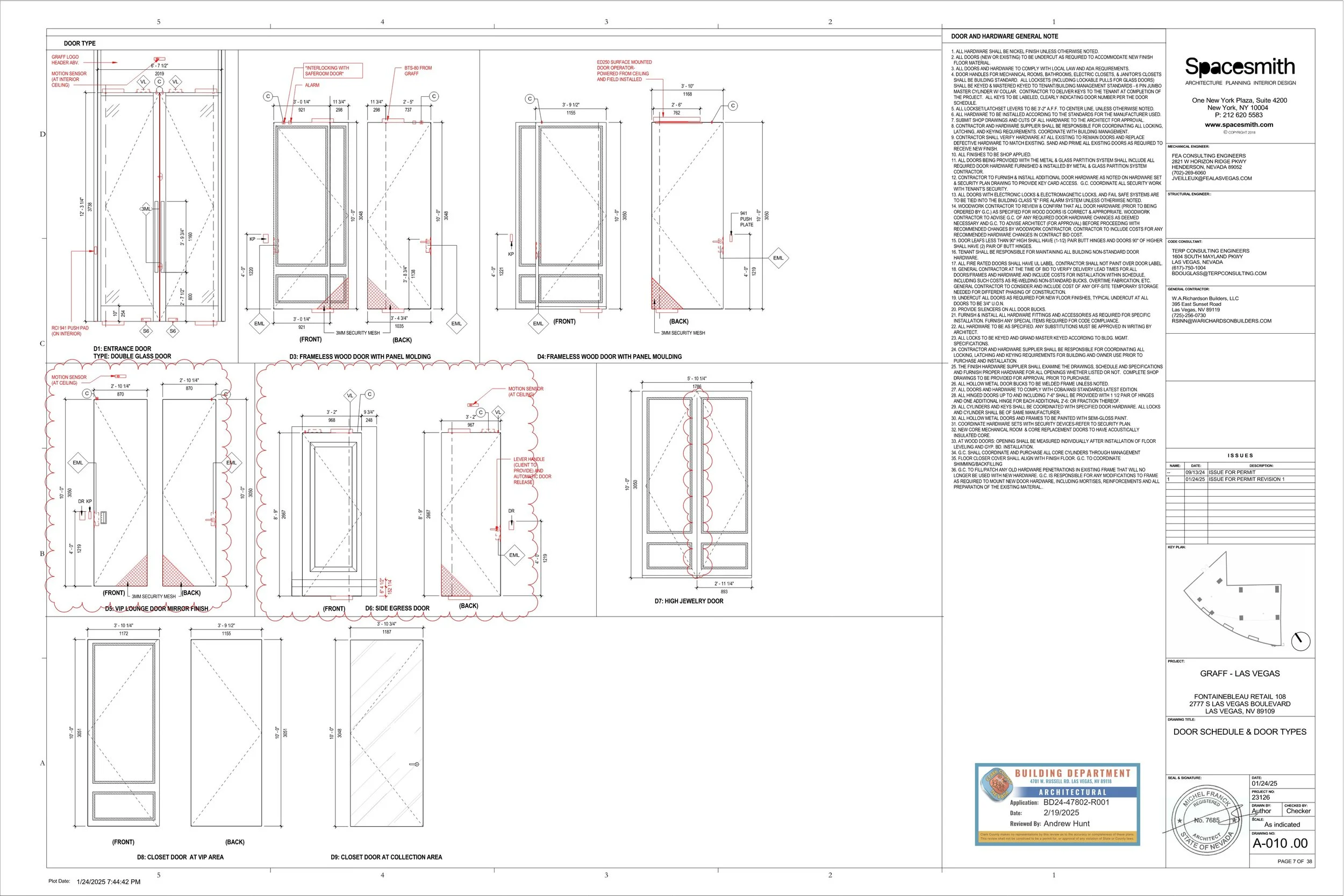 My contributions to the construction documentation included developing the door schedule, hardware specifications and purchasing, construction plans, reflected ceiling plans, power and data plans, façade details, and enlarged plans and elevations.