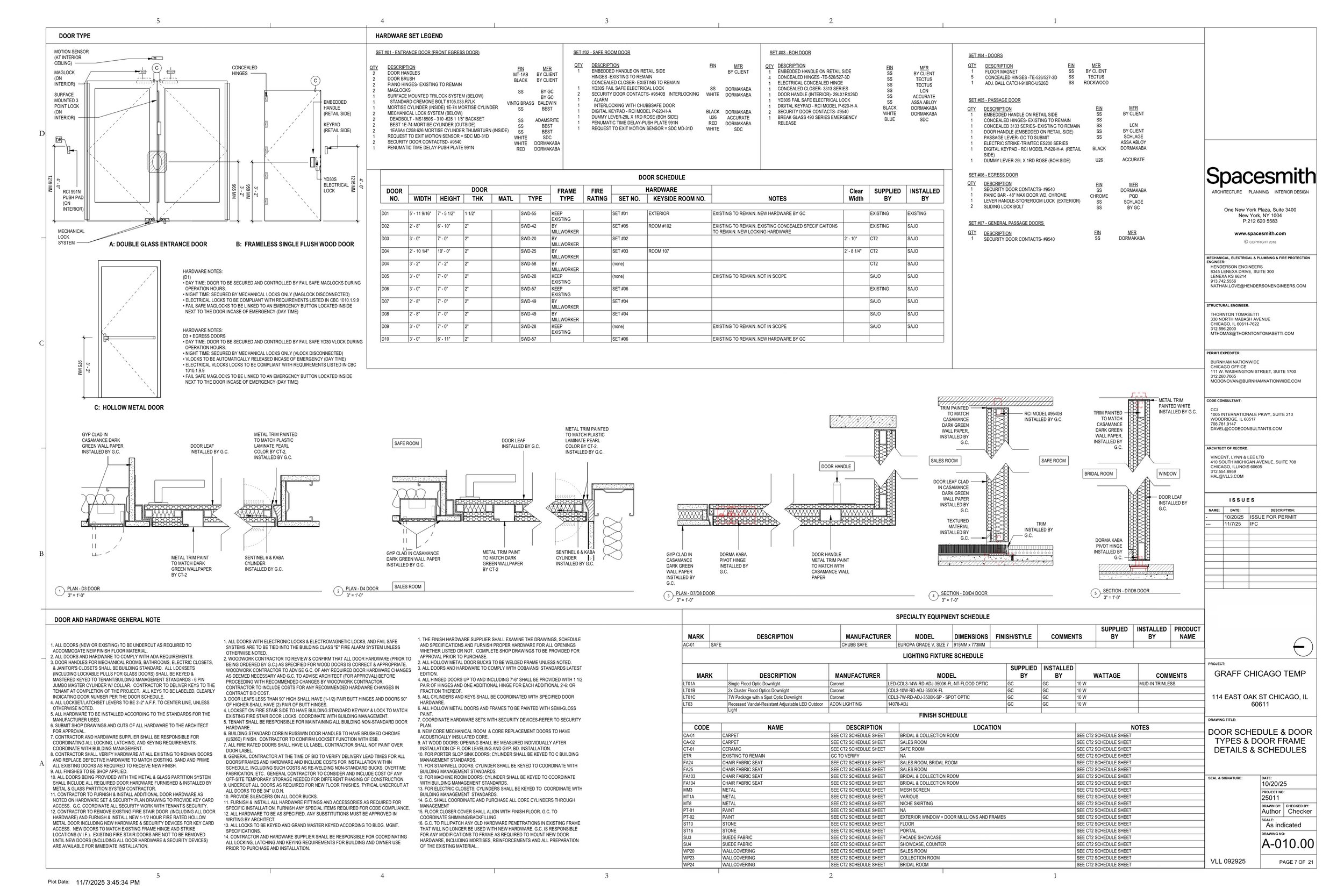 My contributions to the construction documentation included developing the door schedule, hardware specifications, construction plans, reflected ceiling plans, power and data plans and façade details