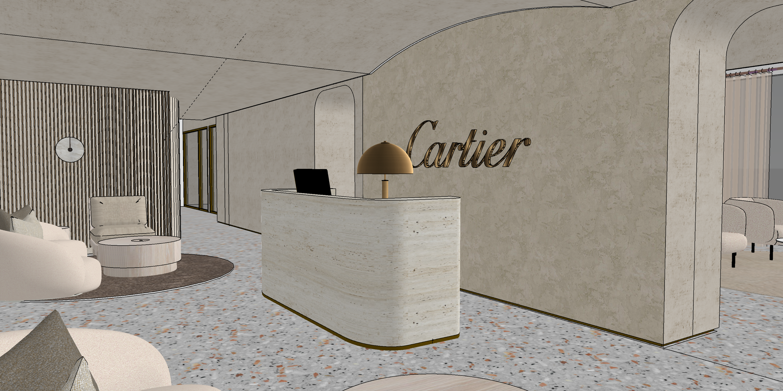 I worked with the senior designer to put together custom furniture. The coffee table, reception desk and wall slats were a team effort in design.