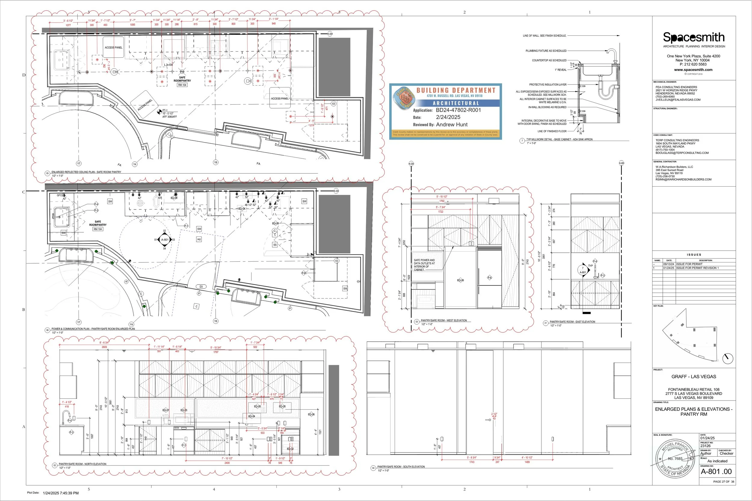 My contributions to the construction documentation included developing the door schedule, hardware specifications and purchasing, construction plans, reflected ceiling plans, power and data plans, façade details, and enlarged plans and elevations.