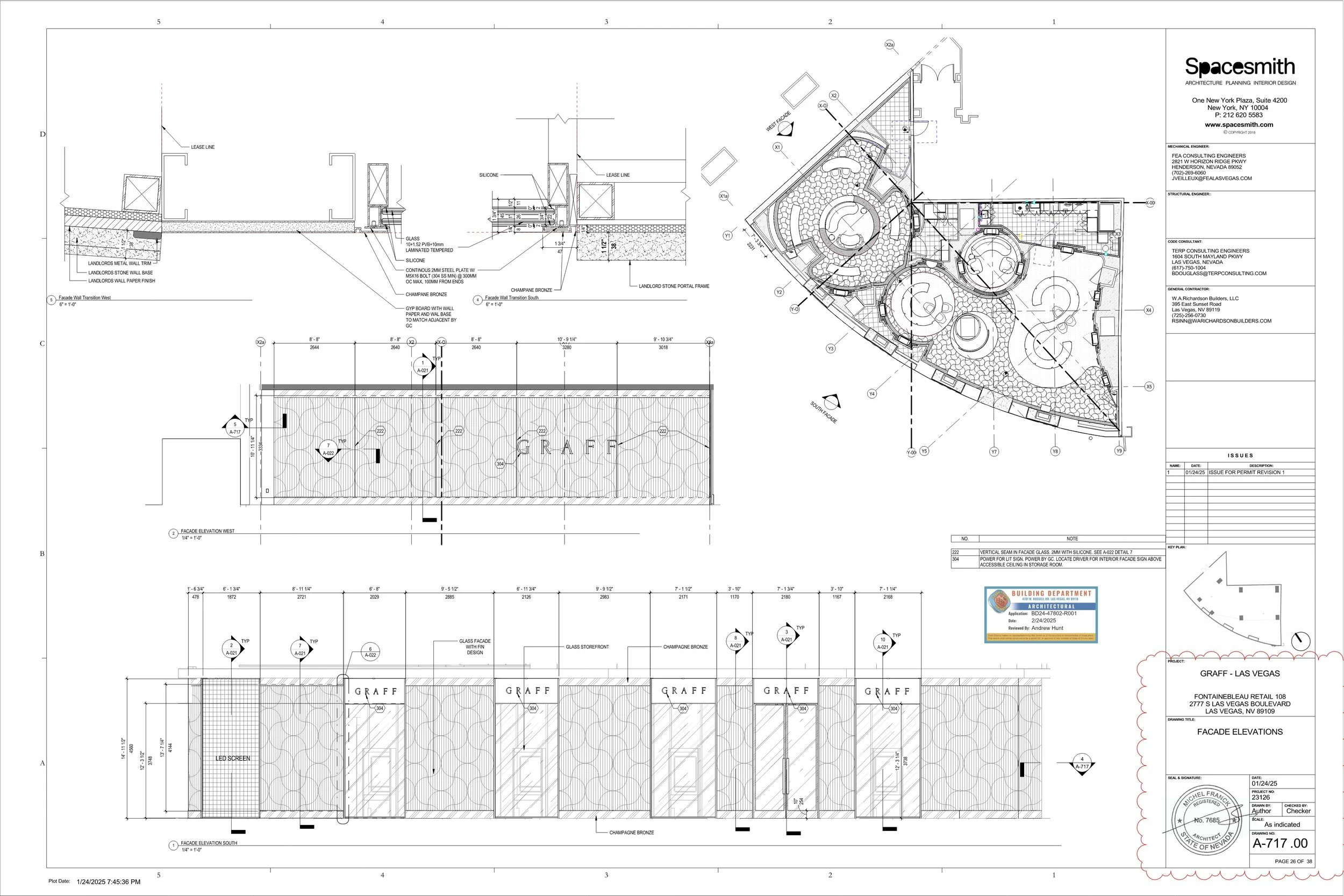 My contributions to the construction documentation included developing the door schedule, hardware specifications and purchasing, construction plans, reflected ceiling plans, power and data plans, façade details, and enlarged plans and elevations.