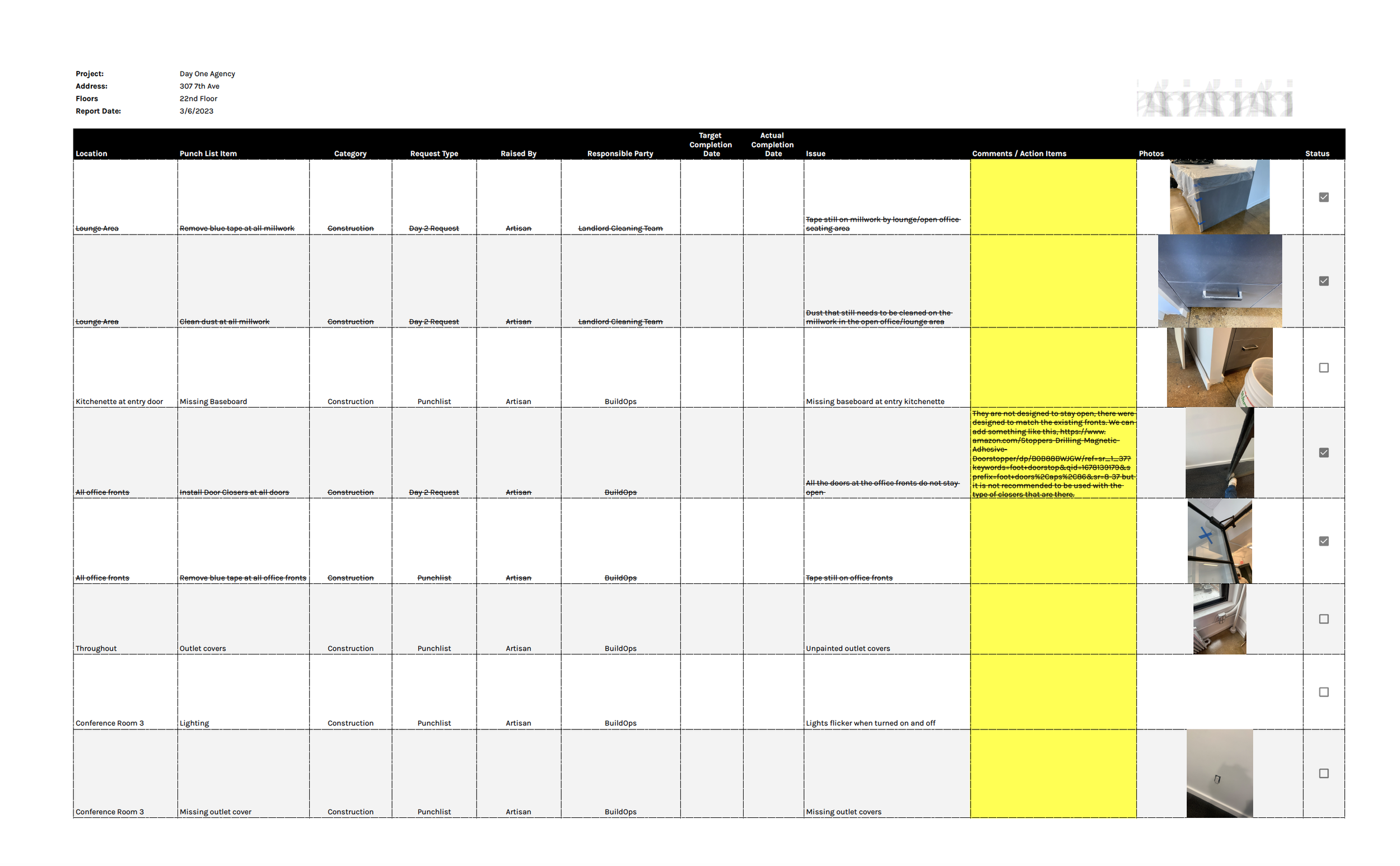 An example of a typical Punchlist I created for the project's general contractor and millworker to follow.