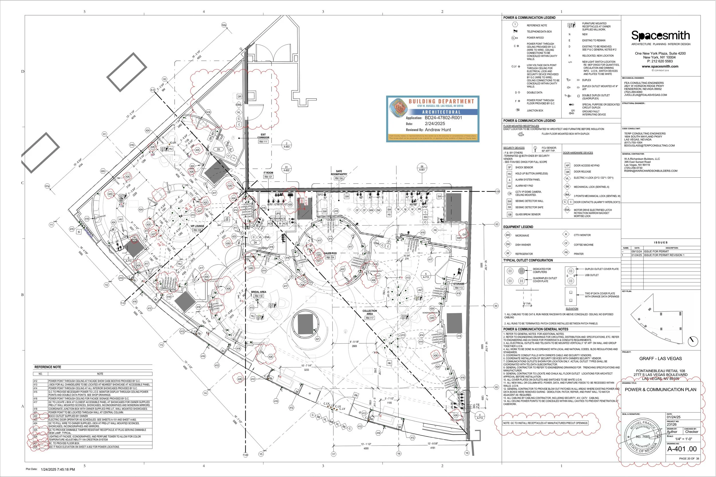 My contributions to the construction documentation included developing the door schedule, hardware specifications and purchasing, construction plans, reflected ceiling plans, power and data plans, façade details, and enlarged plans and elevations.