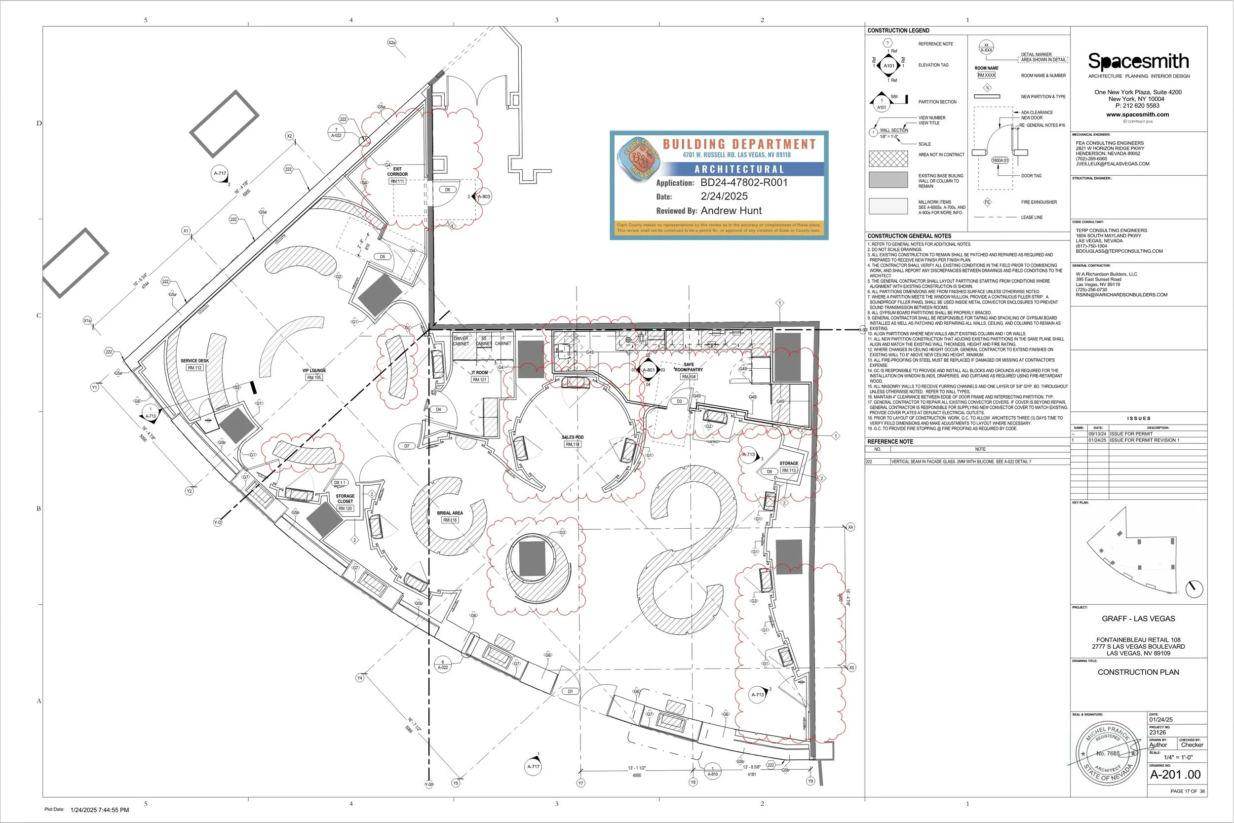 My contributions to the construction documentation included developing the door schedule, hardware specifications and purchasing, construction plans, reflected ceiling plans, power and data plans, façade details, and enlarged plans and elevations.