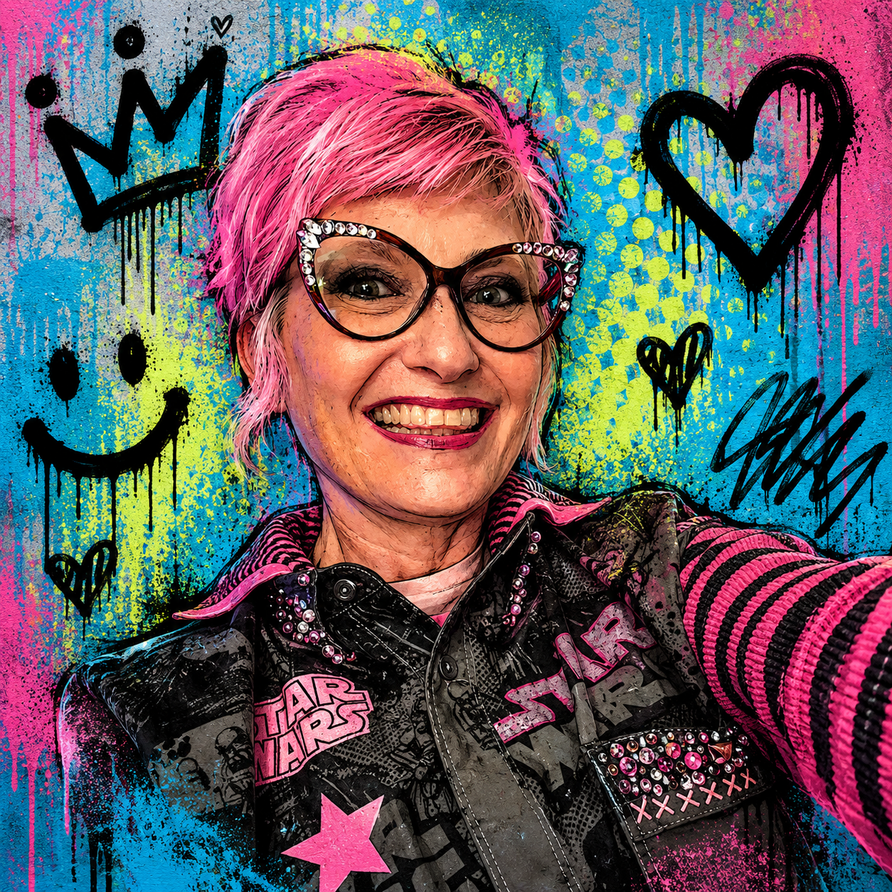A woman with pink hair and large, studded glasses smiling in front of a colorful graffiti background featuring smiley faces, hearts, and stars.