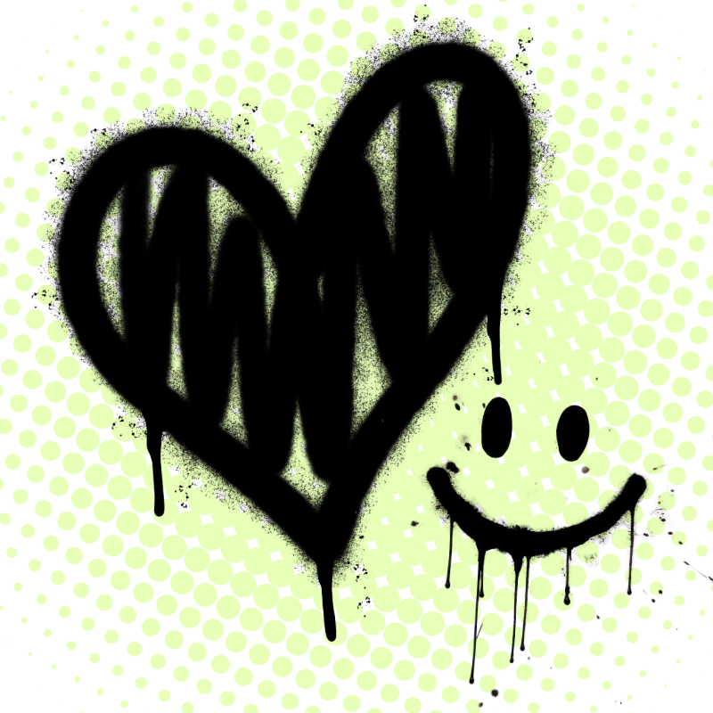 Graffiti art of a heart with dripping black paint next to a smiley face with dripping paint.