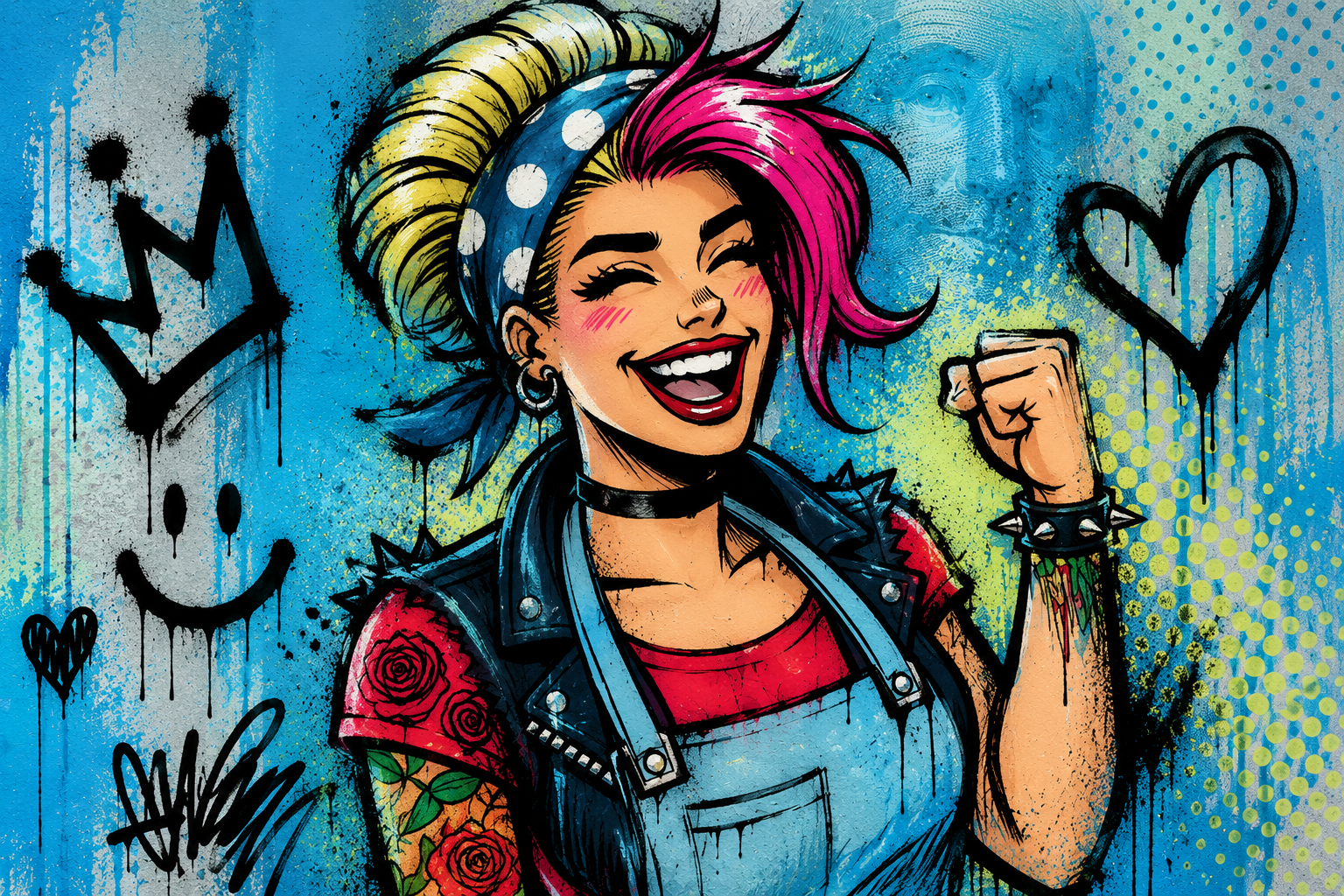 Colorful graffiti artwork of a smiling woman with pink and purple hair, wearing a polka dot bandana, a black leather vest with spikes, and an apron. She is making a fist gesture of excitement, with various graffiti symbols, including hearts, smiley faces, a crown, and the words 'LOVE' in the background.