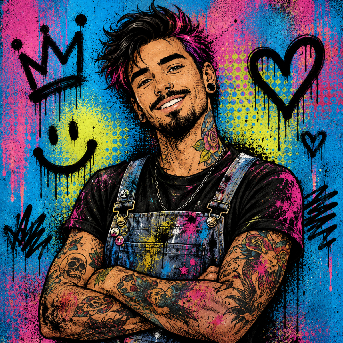 A colorful graffiti-style artwork of a smiling young man with tattoos, wearing a black t-shirt and denim overalls, standing in front of a vibrant background with a yellow smiley face, black hearts, and spray-painted words 'I'M' and doodles.
