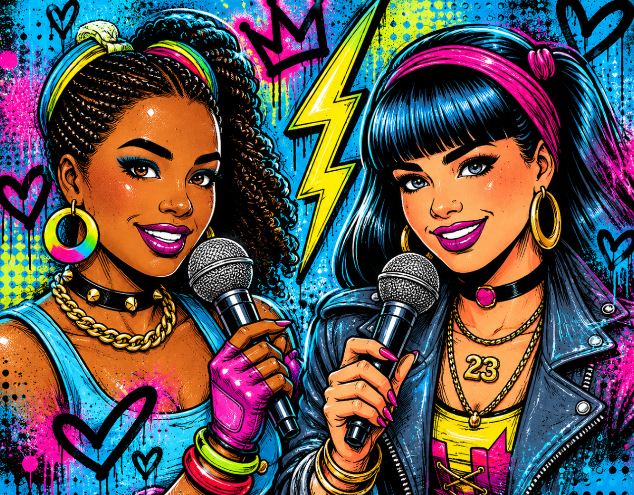 Two women holding microphones, with colorful graffiti art background featuring hearts, a lightning bolt, and paint splatters. One woman has curly hair, colorful accessories, and wears a tank top; the other has straight black hair with pink highlights, a leather jacket, and layered necklaces.