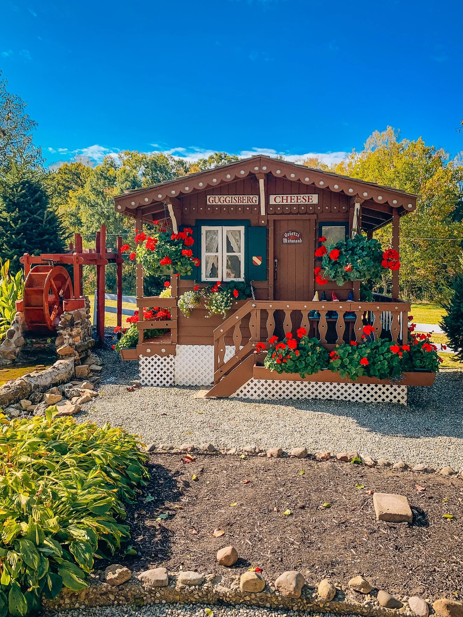 A photo of a small wooden Cabin with "Guggisberg Cheese" written in it. The cabin is surrounded by a garden with red flowers and a water wheel on the left