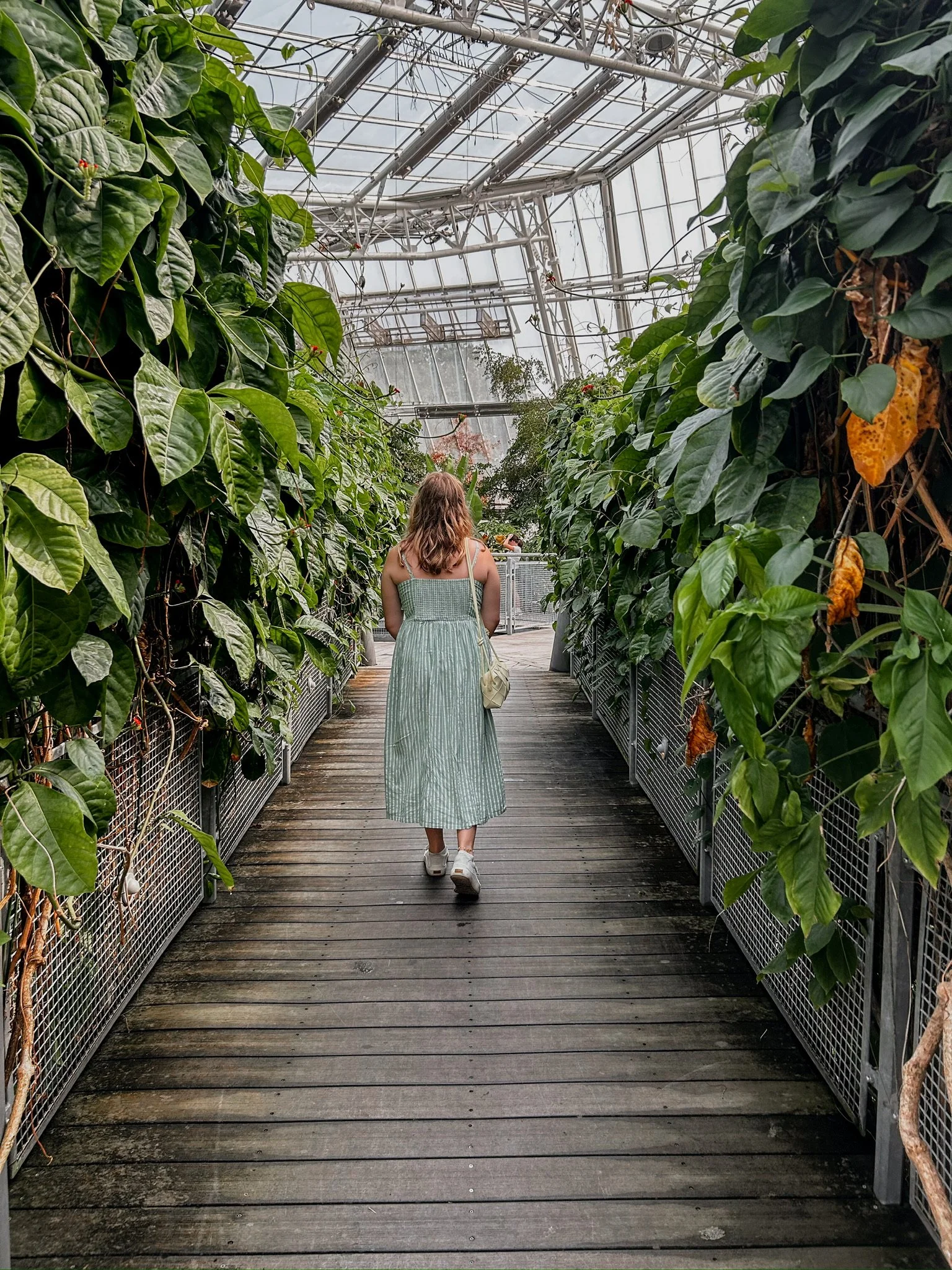 A blonde hair woman in a white and green vertical stripe dress walking through lush greenery