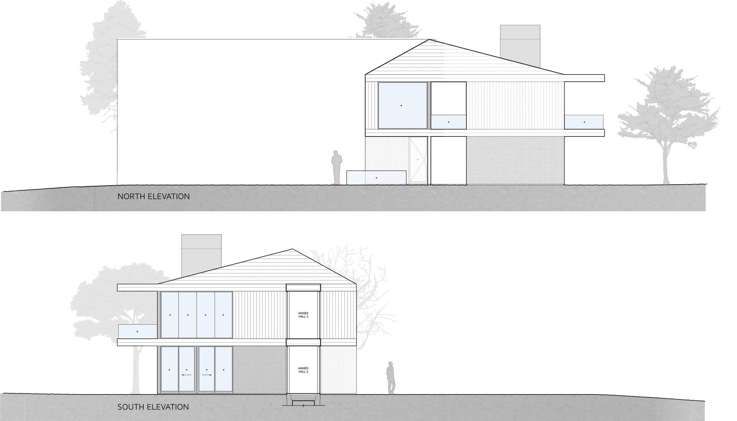 Architectural blueprint of a modern two-story house, showing north and south elevation views. Features include large windows, a chimney, and trees nearby.