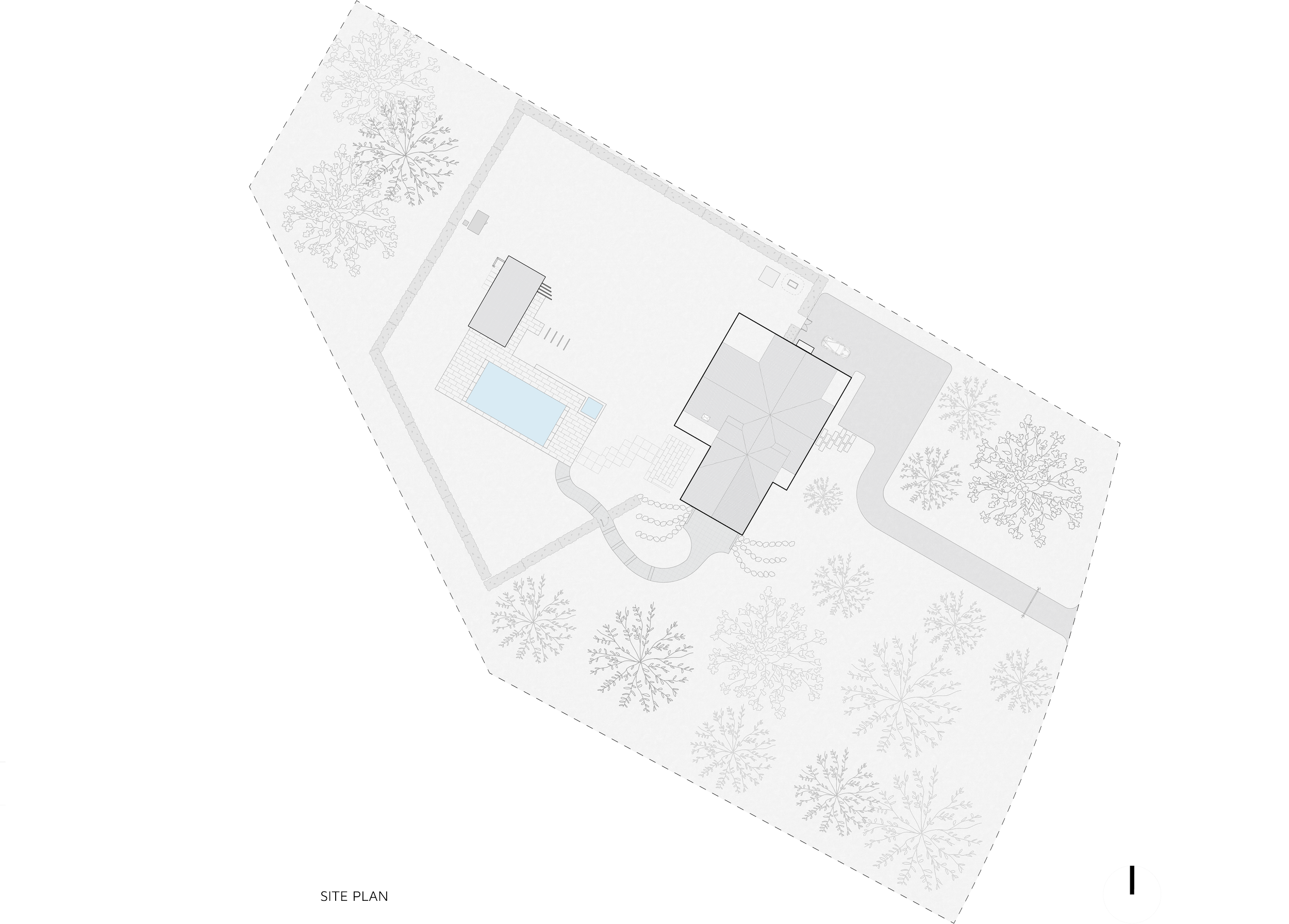 Top-down view of a house and its surrounding yard with a driveway, trees, a pool, and outdoor furniture.