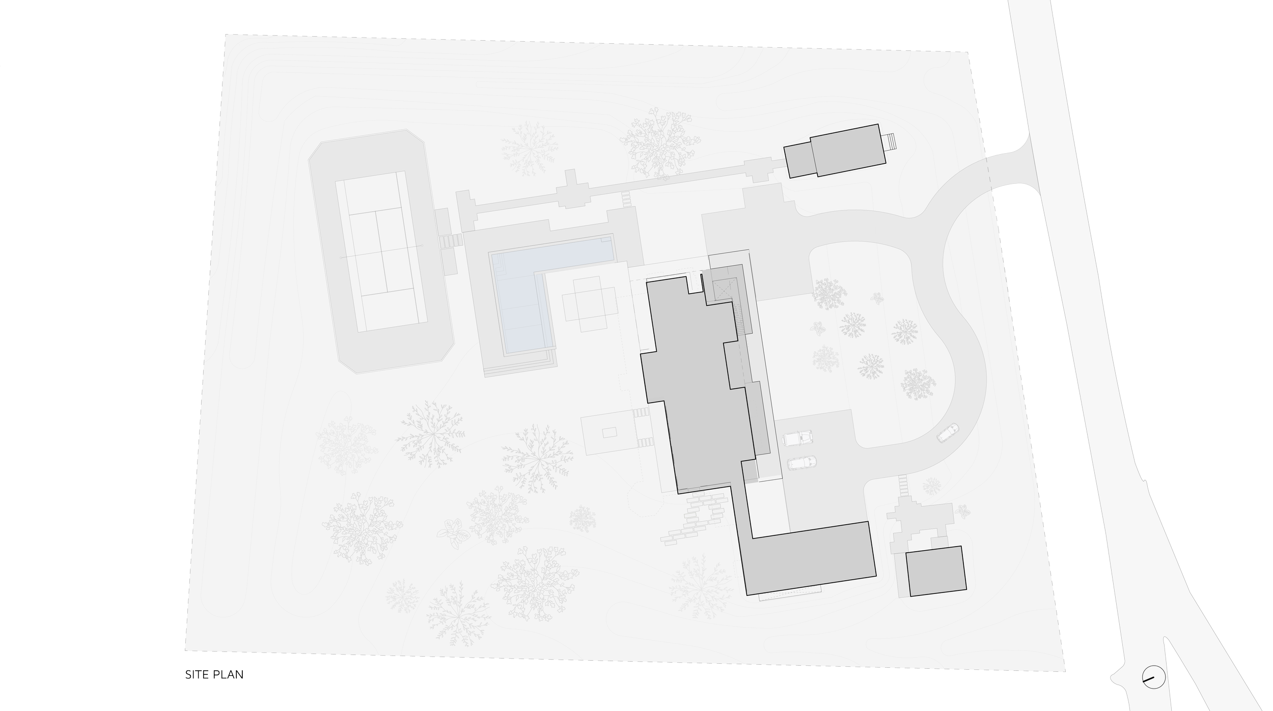 Architectural site plan of a residential property showing the main house, driveway, a tennis court, swimming pool, and surrounding landscape with trees.