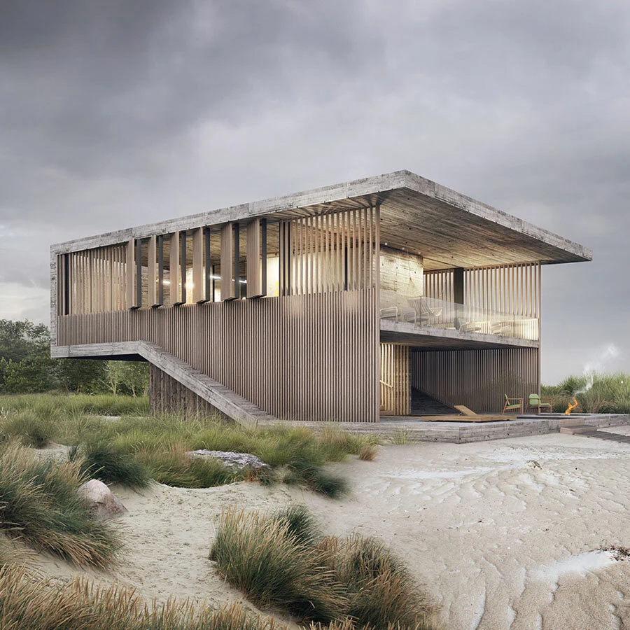 Louvers are designed to create privacy in the open program, with operating windows that expand the view towards the water