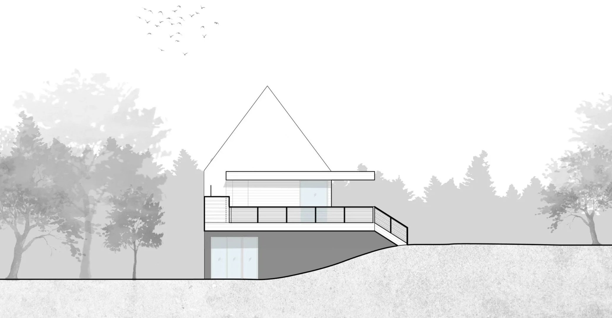 A modern architectural elevation drawing of a house with a sloped roof, large glass windows, a balcony with a railing, and a sloped driveway, surrounded by trees and a cloudy sky in the background.