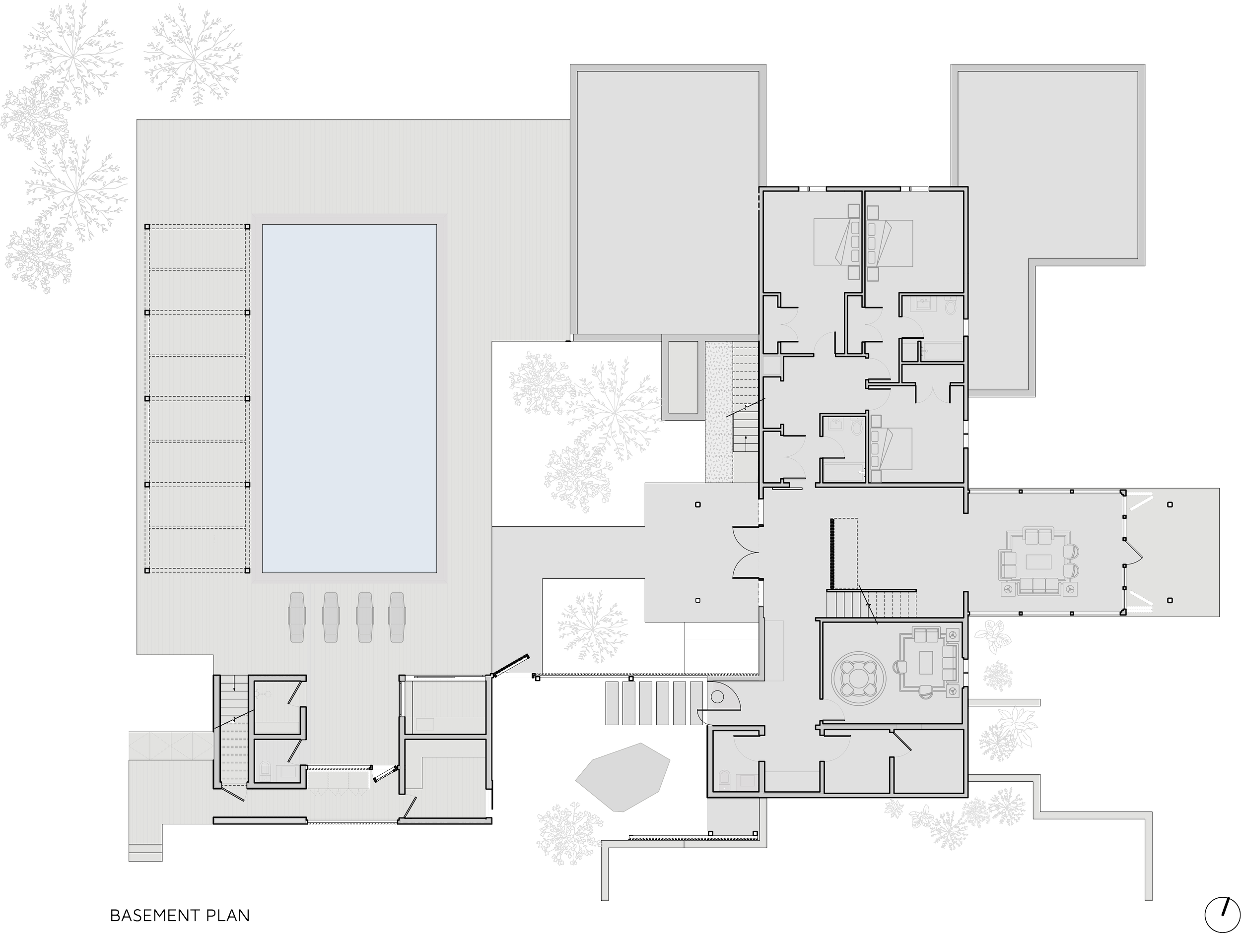 Floor plan of a house with a backyard featuring a swimming pool, surrounded by trees, with indoor rooms including bedrooms, bathrooms, living areas, and a staircase.
