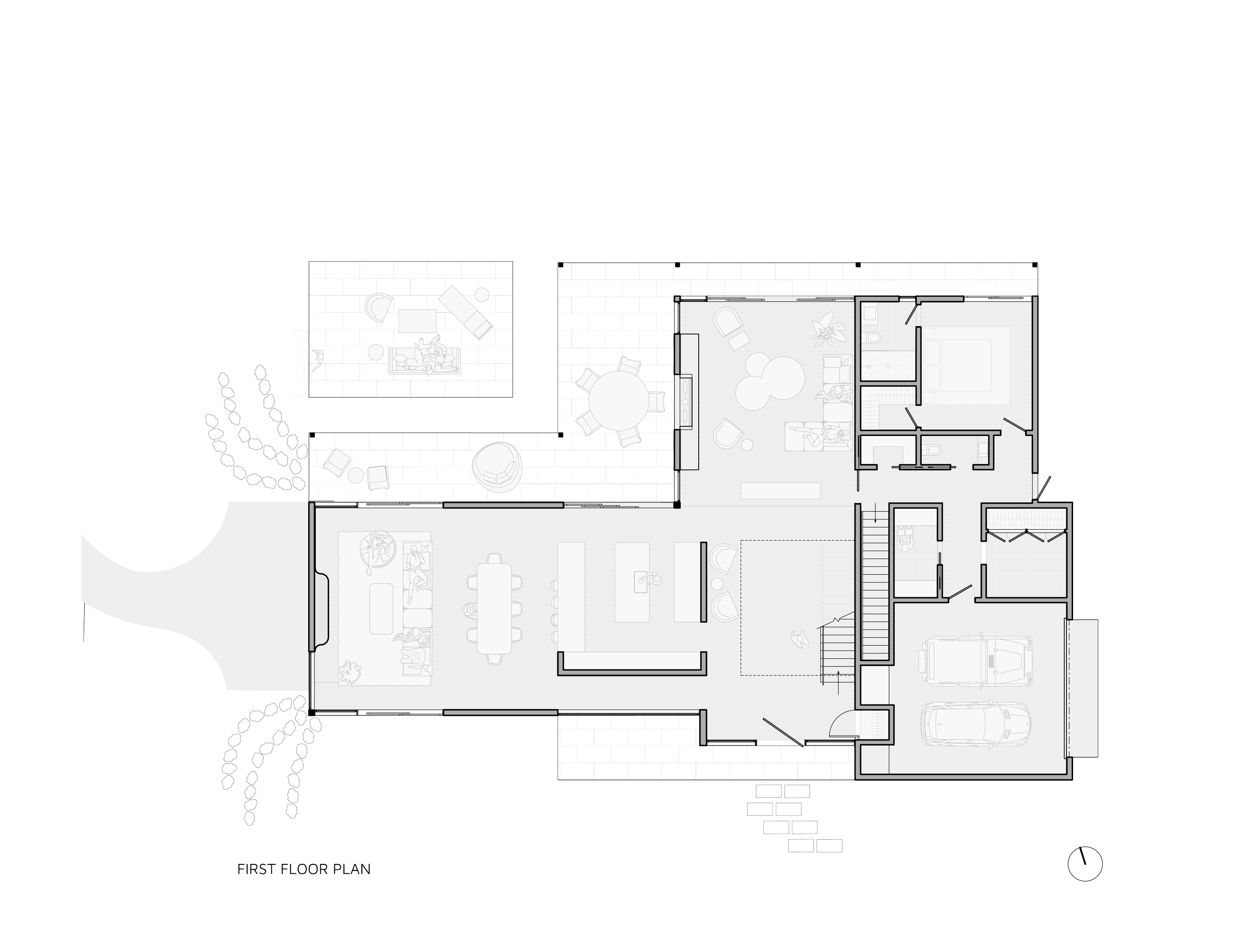 Floor plan of a house with living rooms, kitchen, dining area, bedrooms, bathrooms, and garage. Outdoor patio and landscaped yard are also visible.