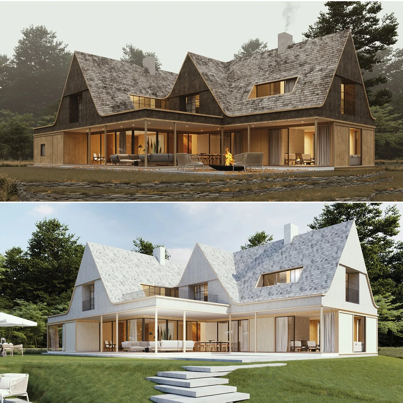Comparison of two digital renderings of a modern house with a steep gabled roof, large windows, and a wraparound porch. The top image shows the house with a darker wood exterior and a misty background, while the bottom image shows the house with a li