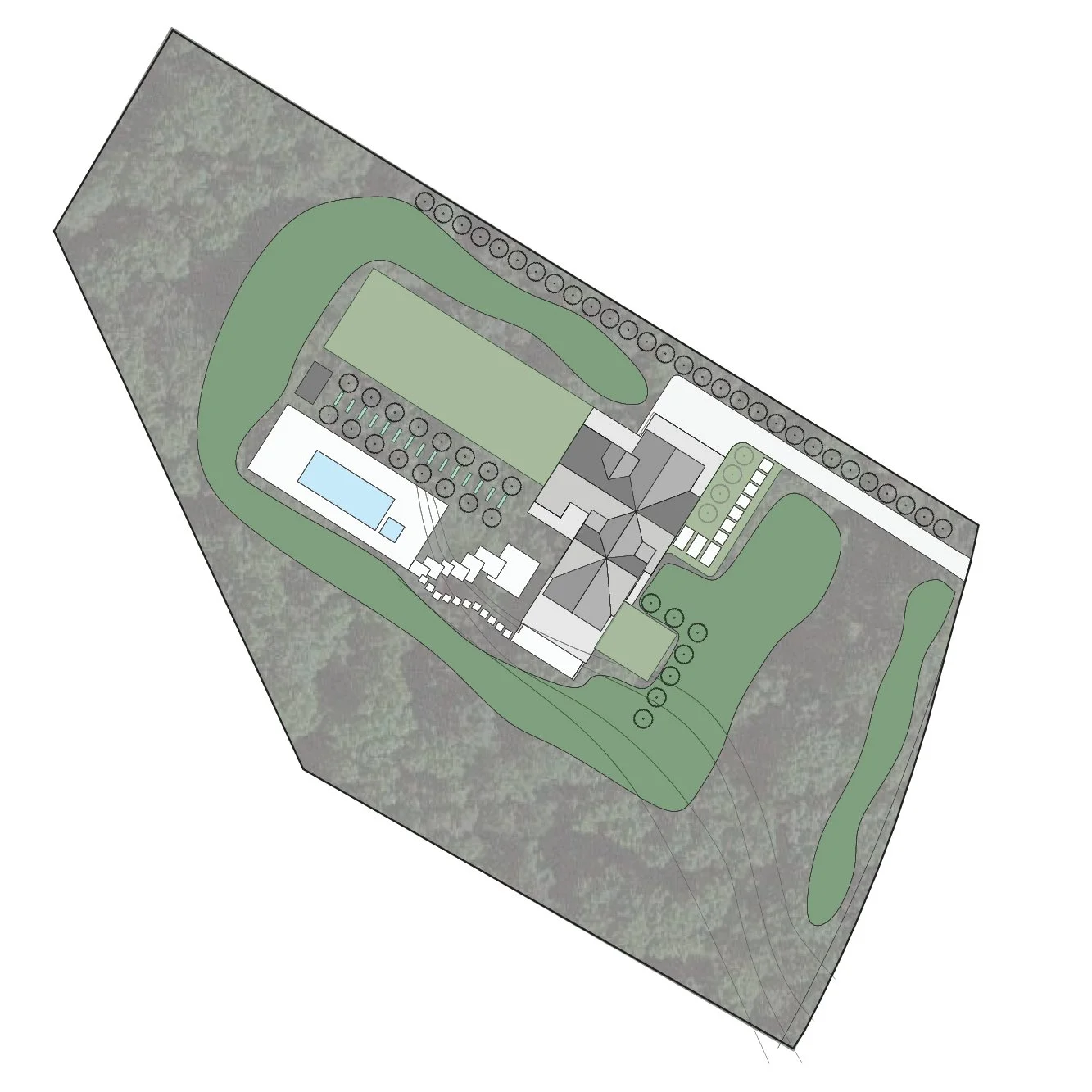 A top-down view of a property layout including a house, swimming pool, driveway, and landscaped yard with trees and grassy areas.