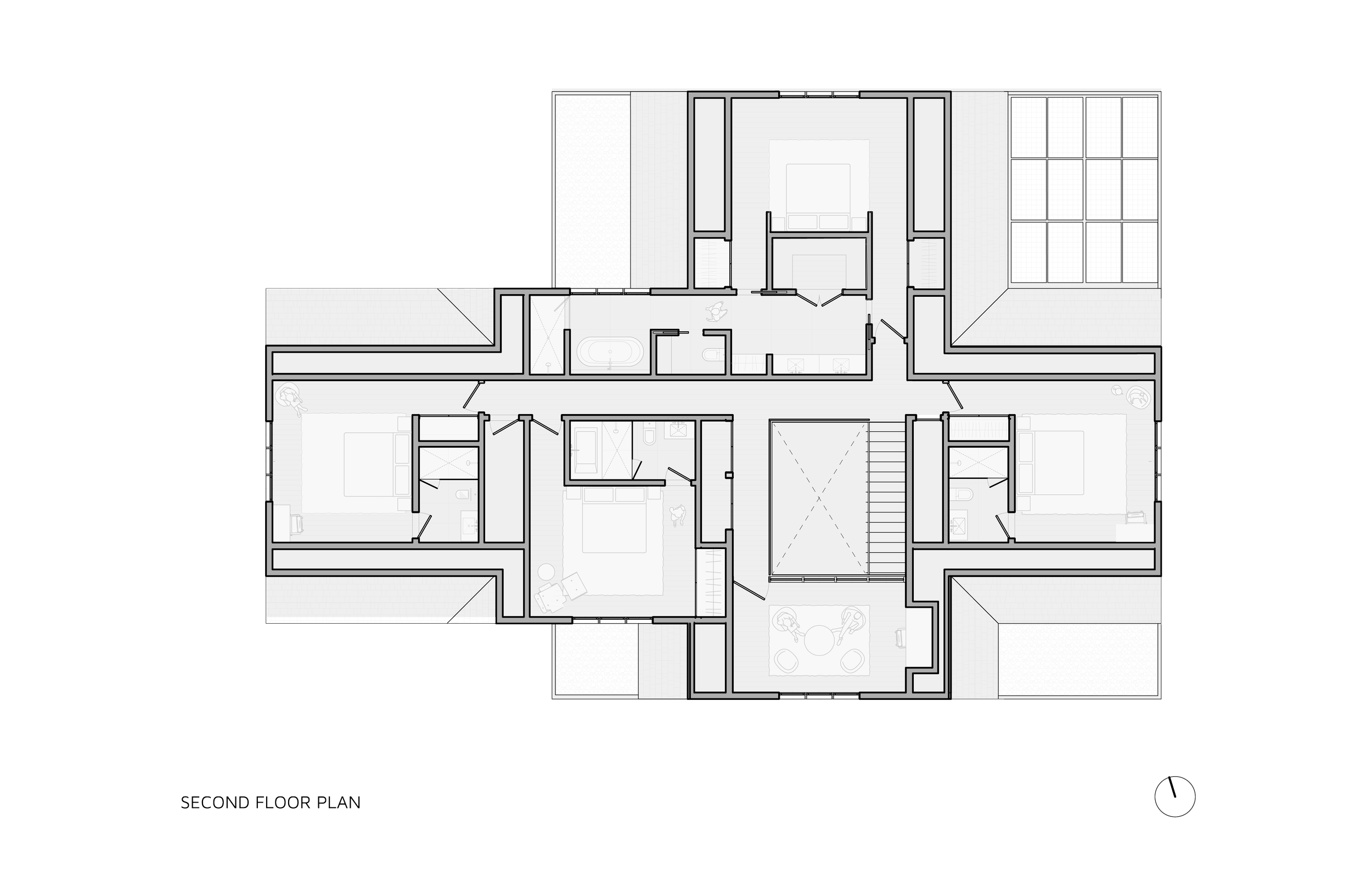 Architectural floor plan of the second floor, showing bedrooms, bathrooms, a staircase, and outdoor areas.