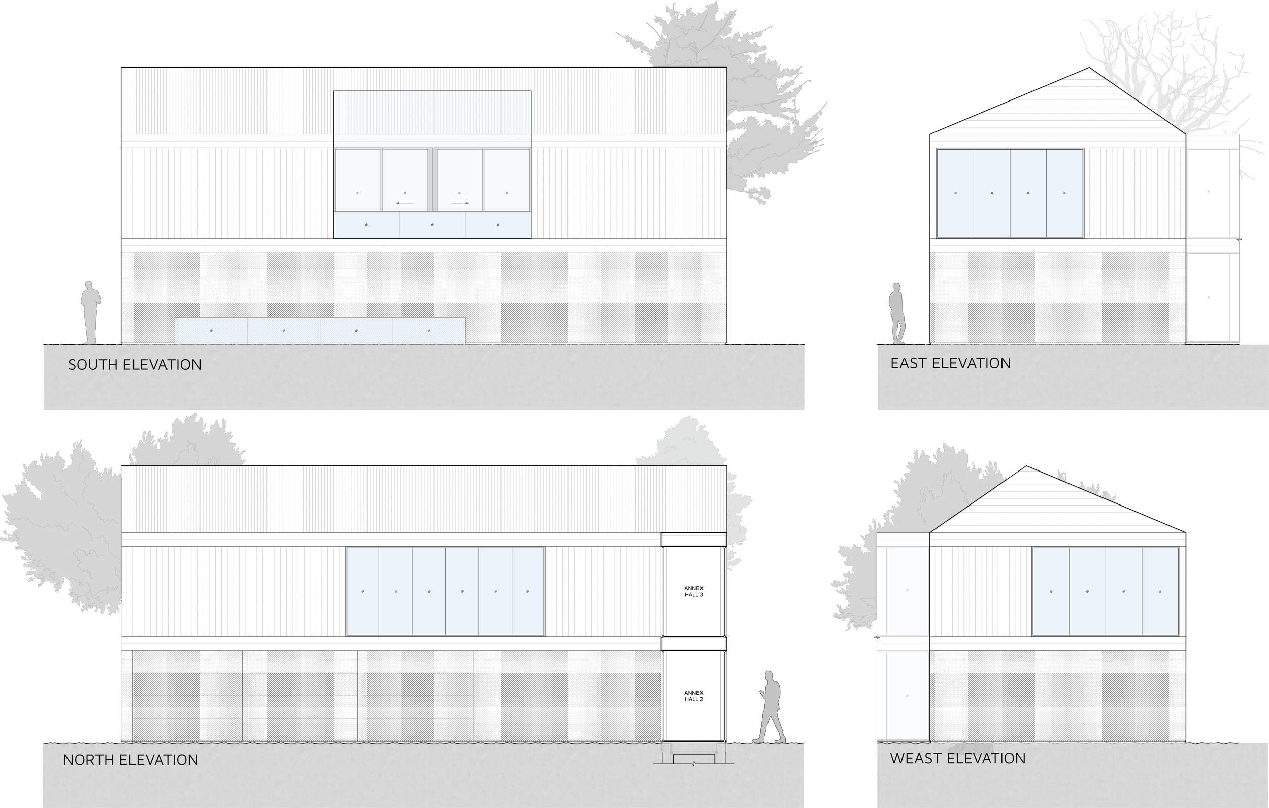 Architectural elevation drawings of a building showing South, East, North, and West views, with trees and human figures for scale.