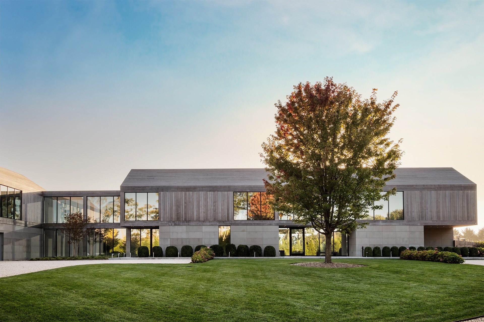 Modern office building with large glass windows, a sloped roof, and a landscaped lawn with a prominent tree in the foreground.