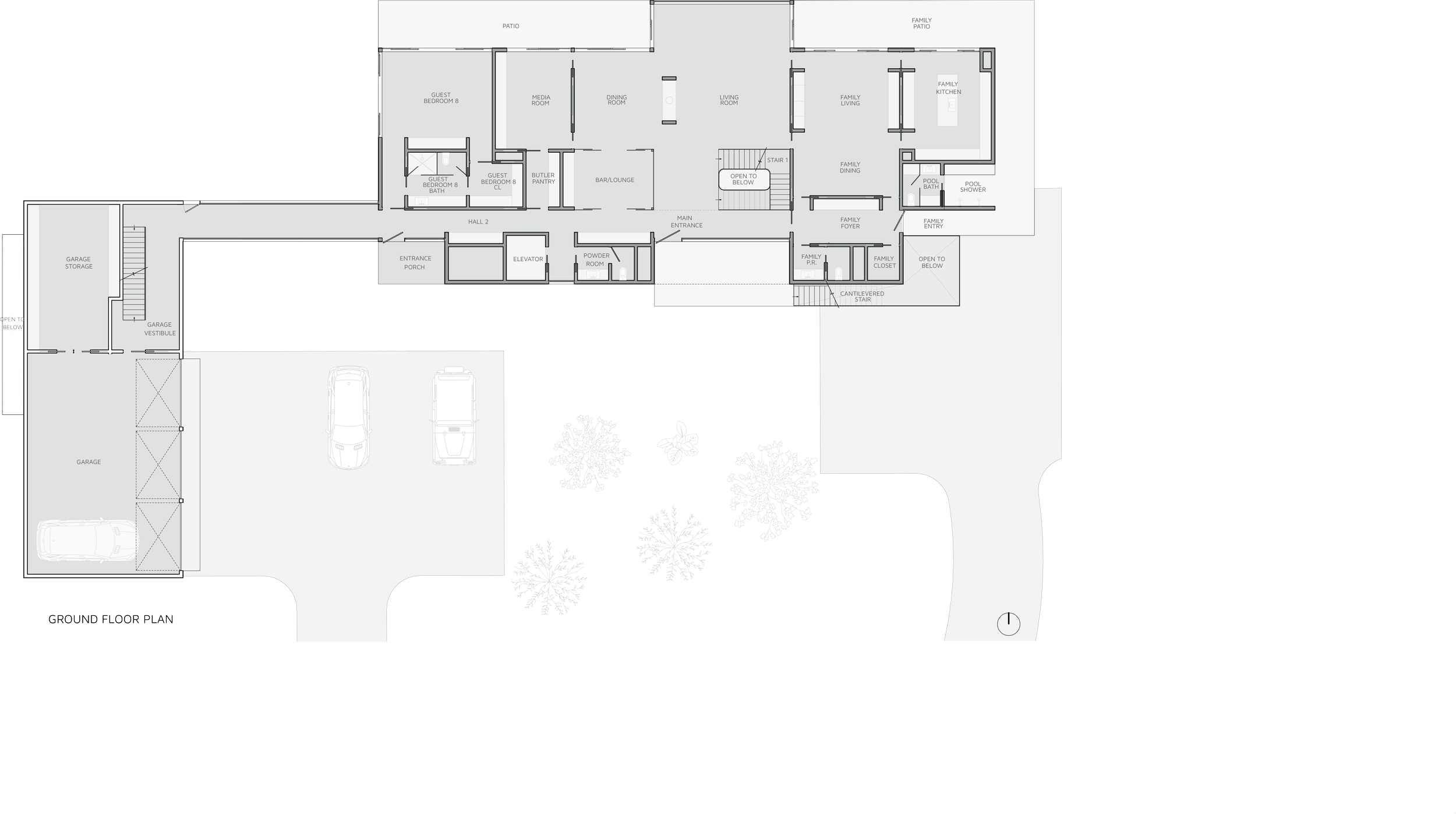 A detailed architectural floor plan of a house, showing rooms such as bedrooms, bathrooms, kitchen, living and dining areas, garage, and outdoor patios, along with trees and driveway outside.