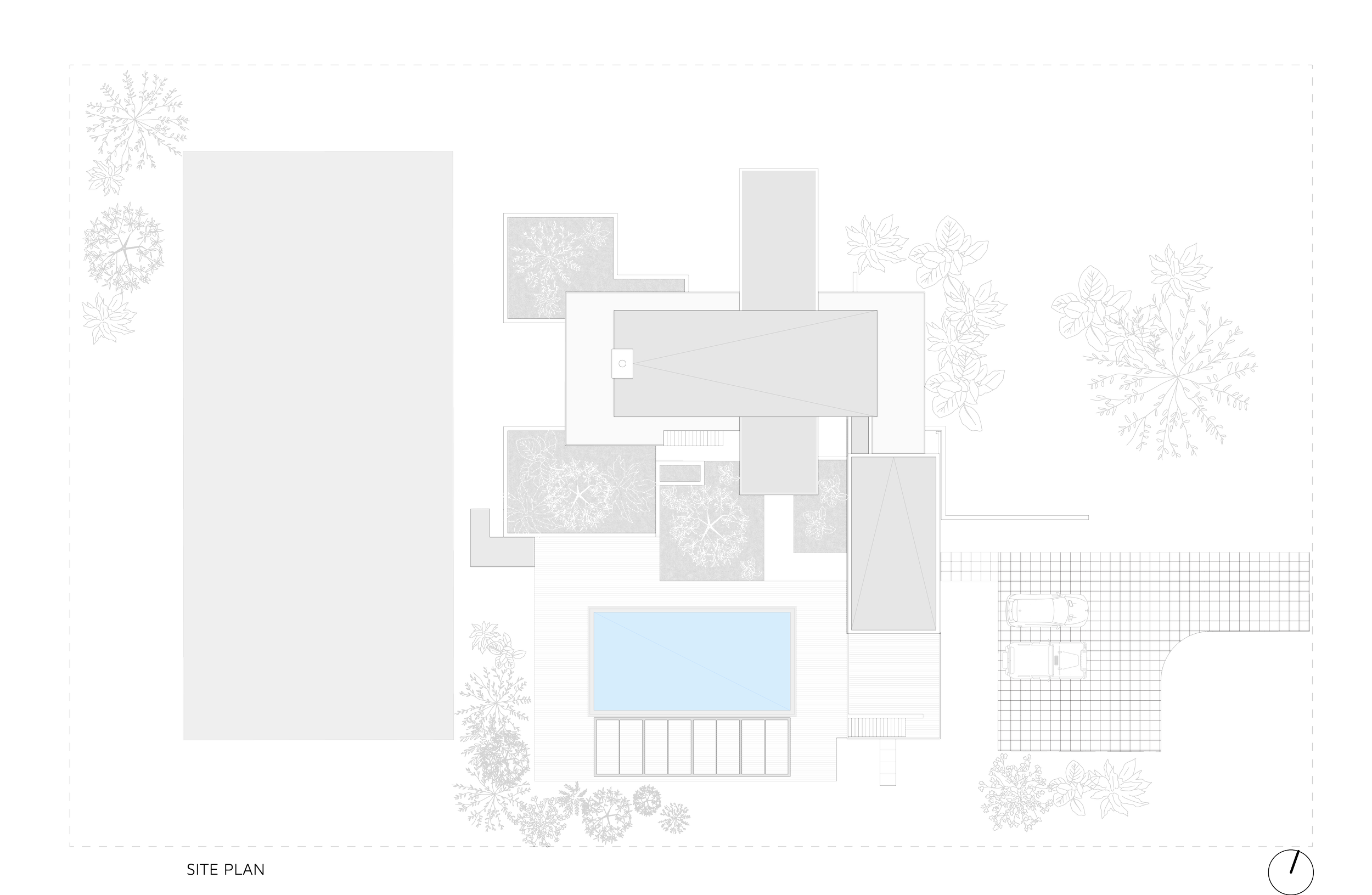A detailed landscape site plan of a residential property showing the house, swimming pool, driveway with two vehicles, surrounding garden with trees and plants, and various outdoor features.